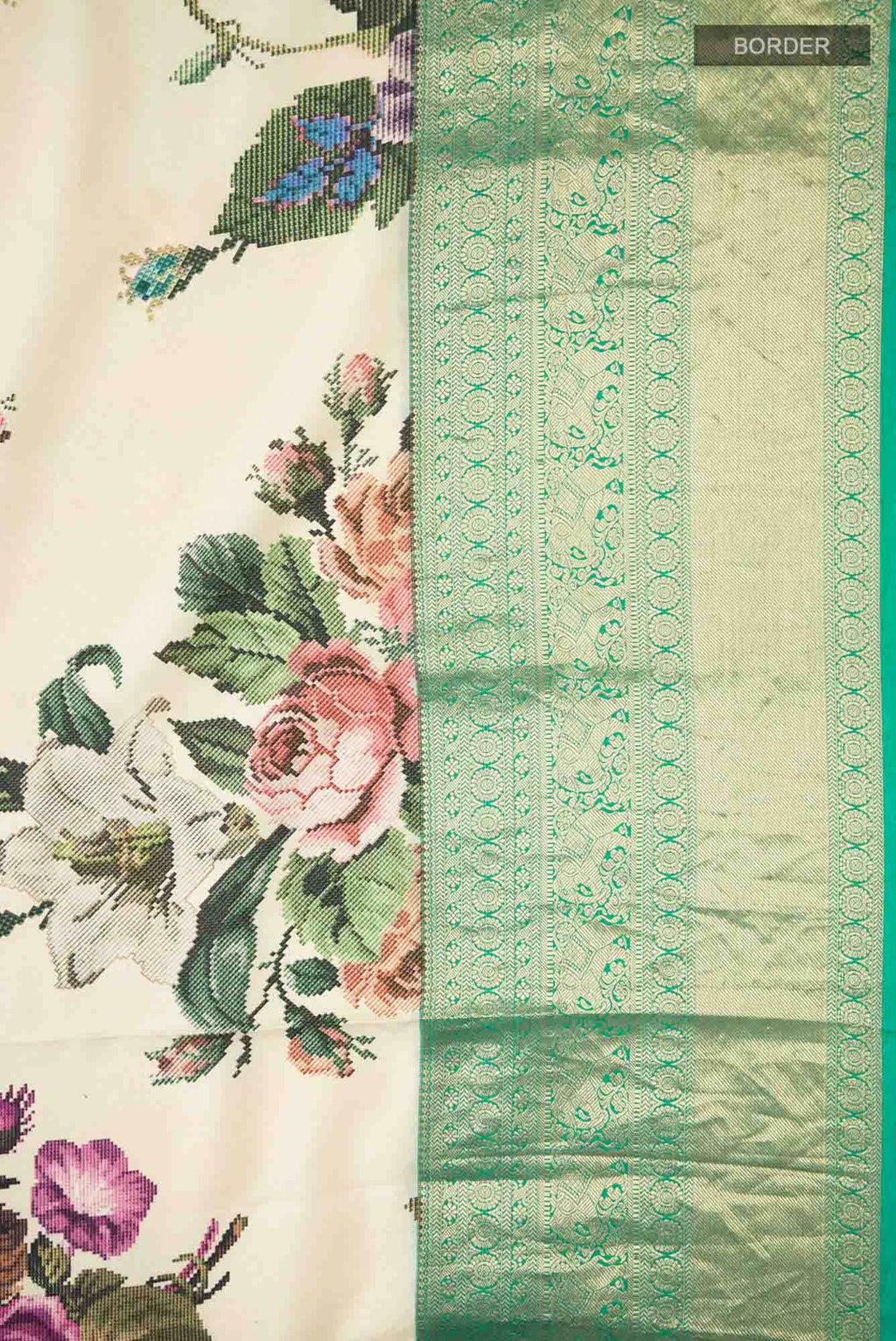 Cream Printed Silk Saree