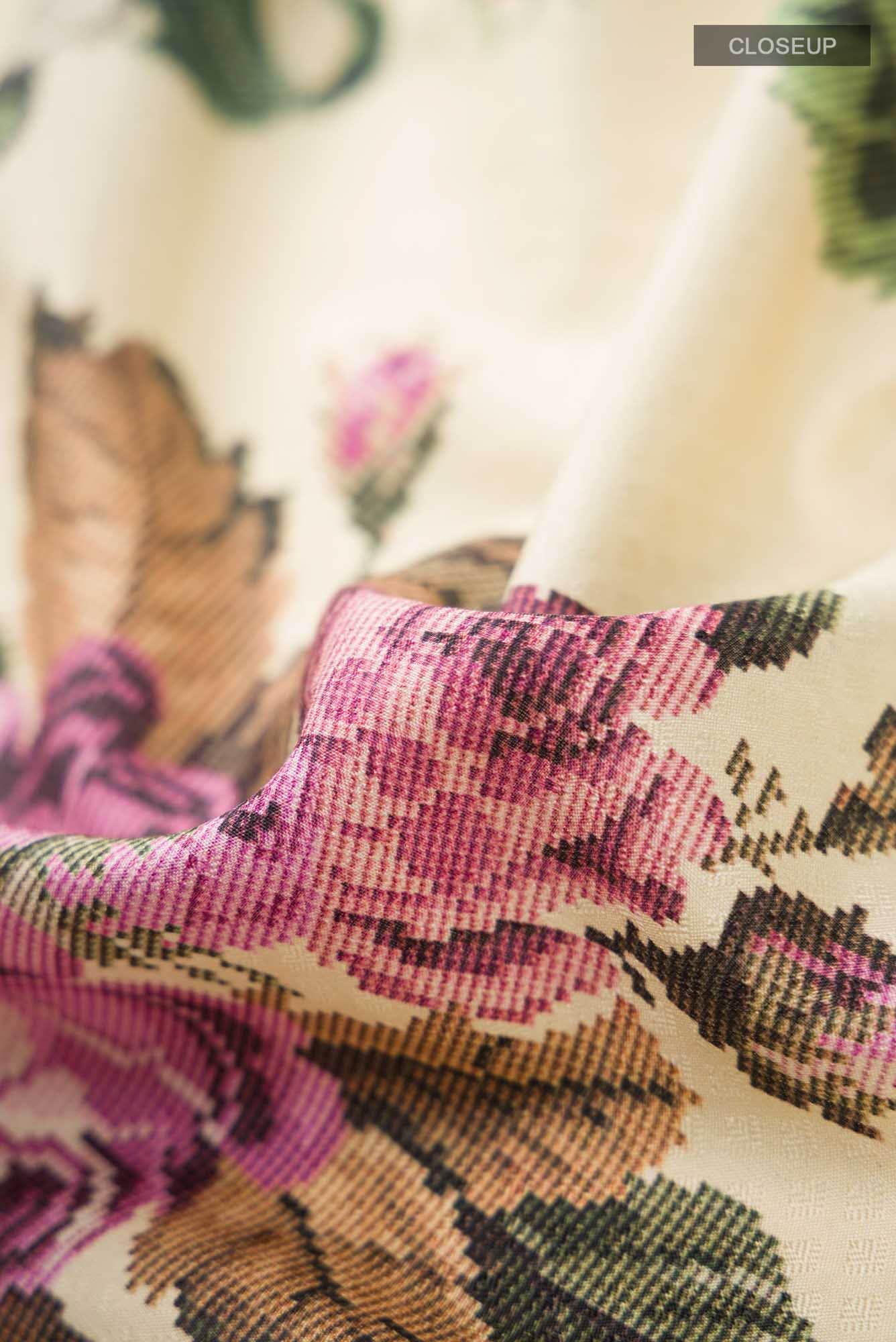 Cream Printed Silk Saree