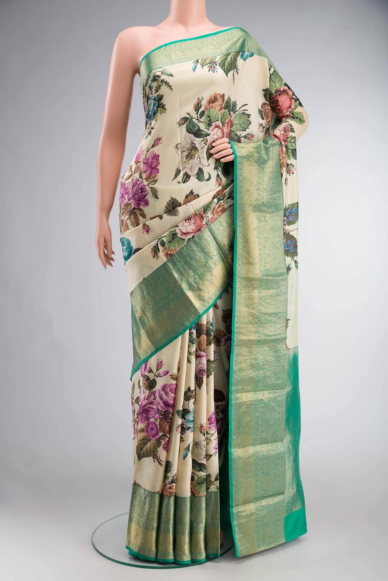Cream Printed Silk Saree