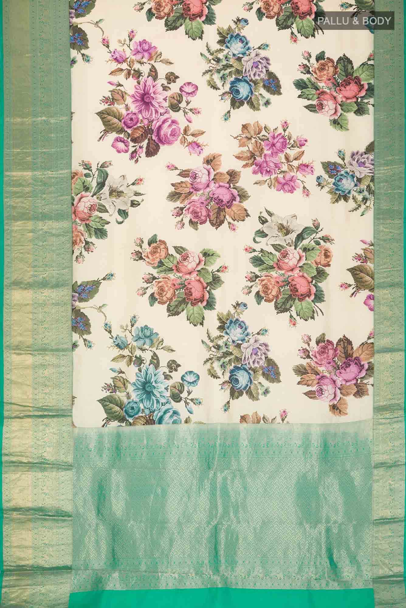 Cream Printed Silk Saree