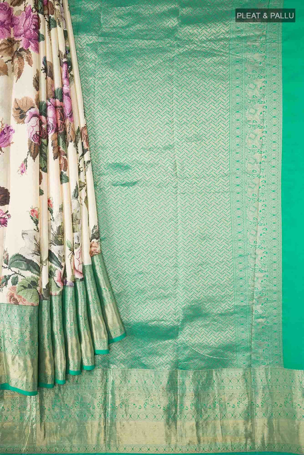 Cream Printed Silk Saree