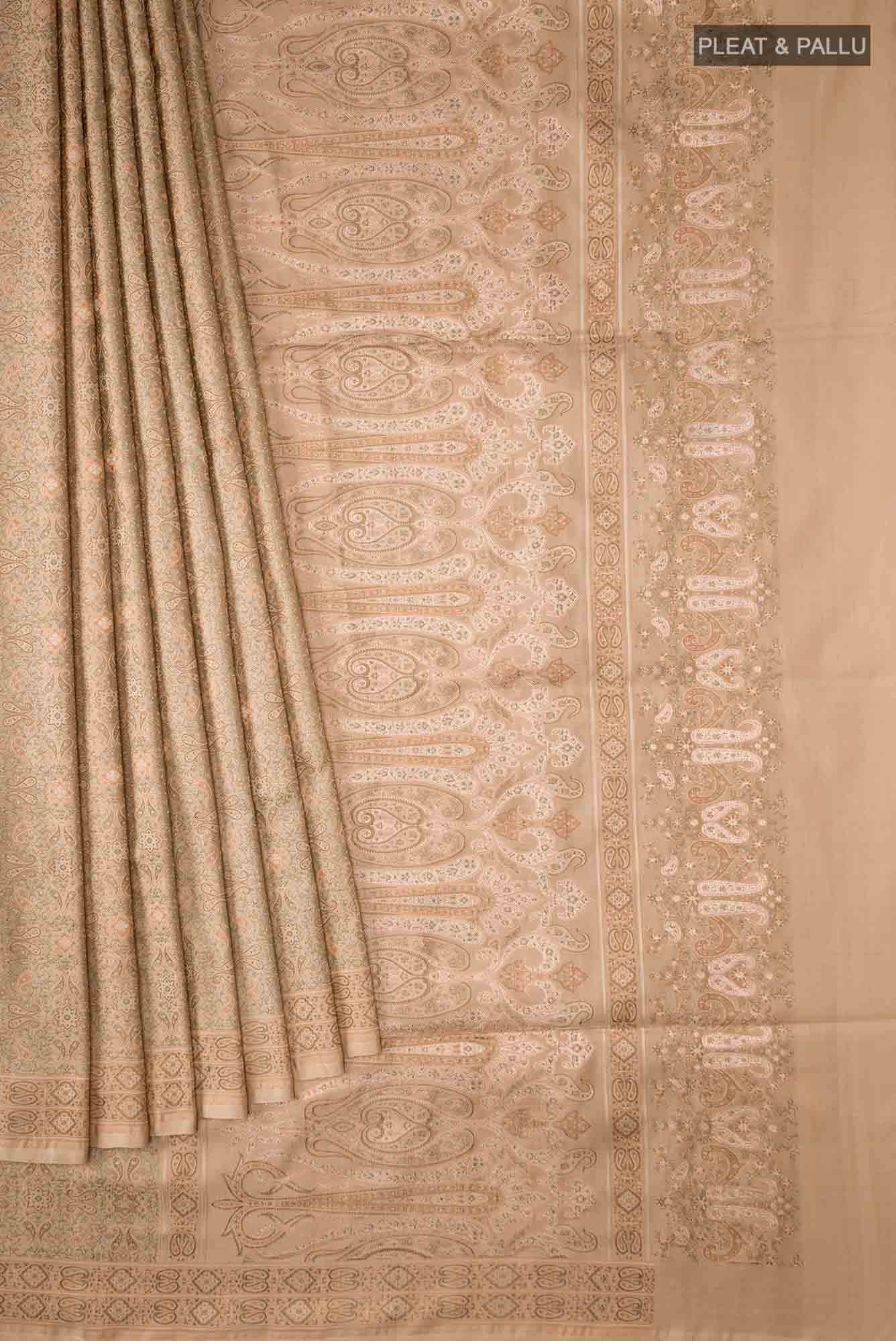 Beige Banarasi Tanchoi Silk Saree
