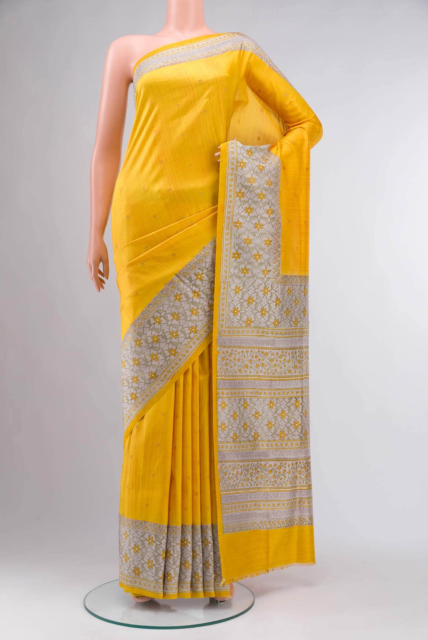 Yellow Printed Silk Saree