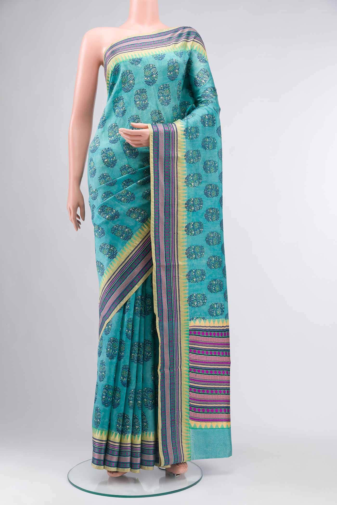 Blue Printed Silk Saree