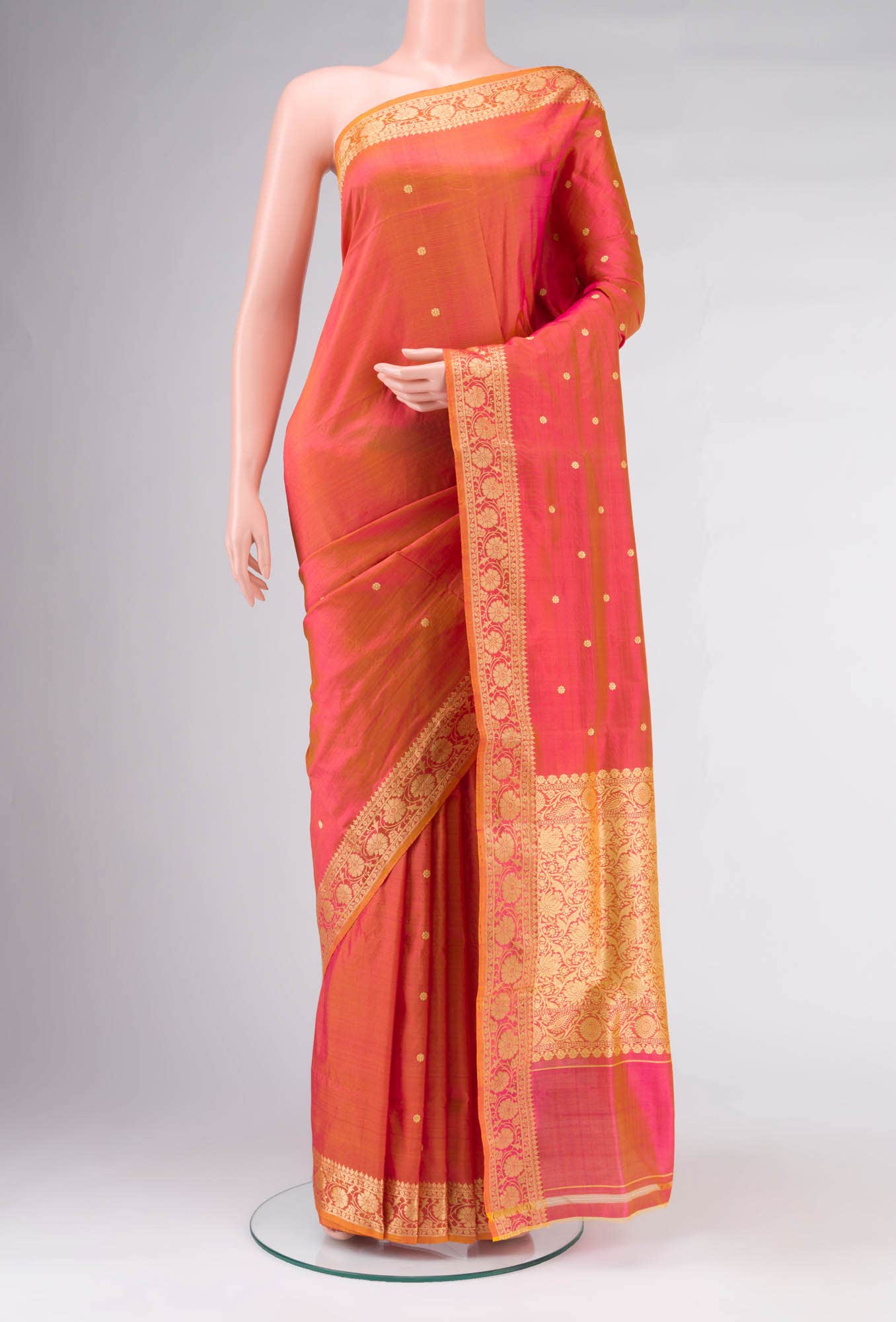 Pink with Yellow Dual Tone Banarasi Katan Silk Saree