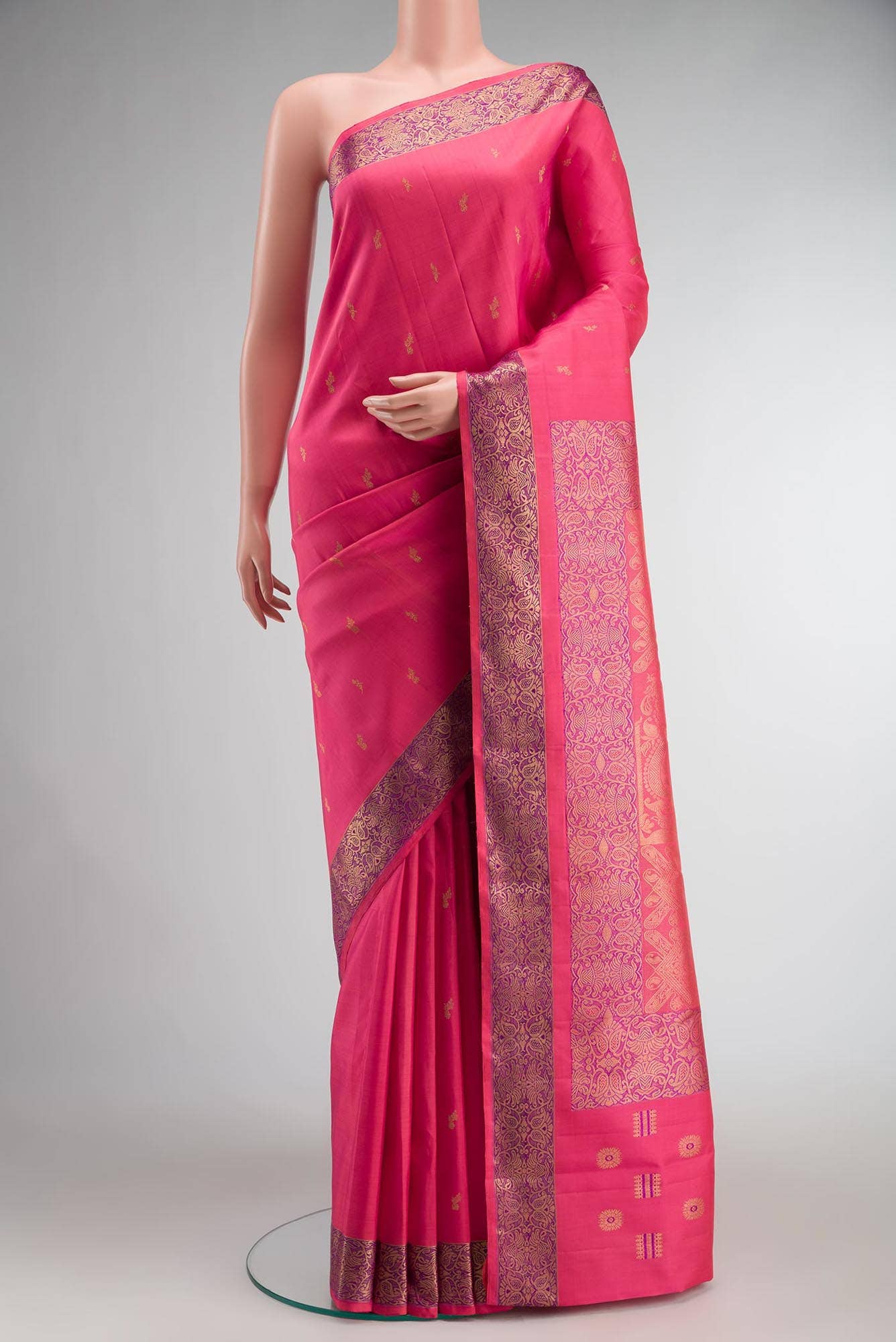 Pure Silk Pure Zari Pink with Orange Dual Tone Kanchipuram Saree