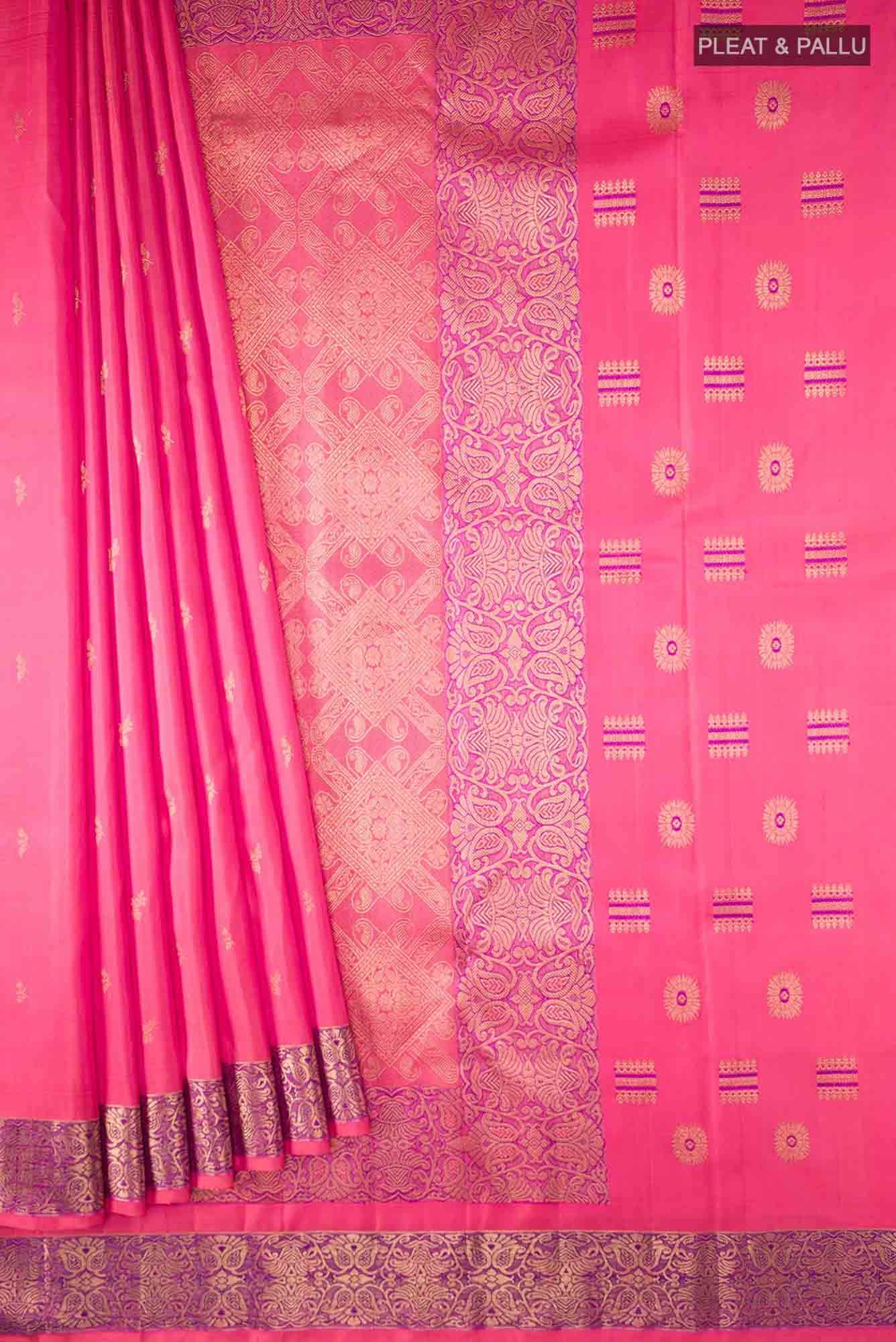Pure Silk Pure Zari Pink with Orange Dual Tone Kanchipuram Saree