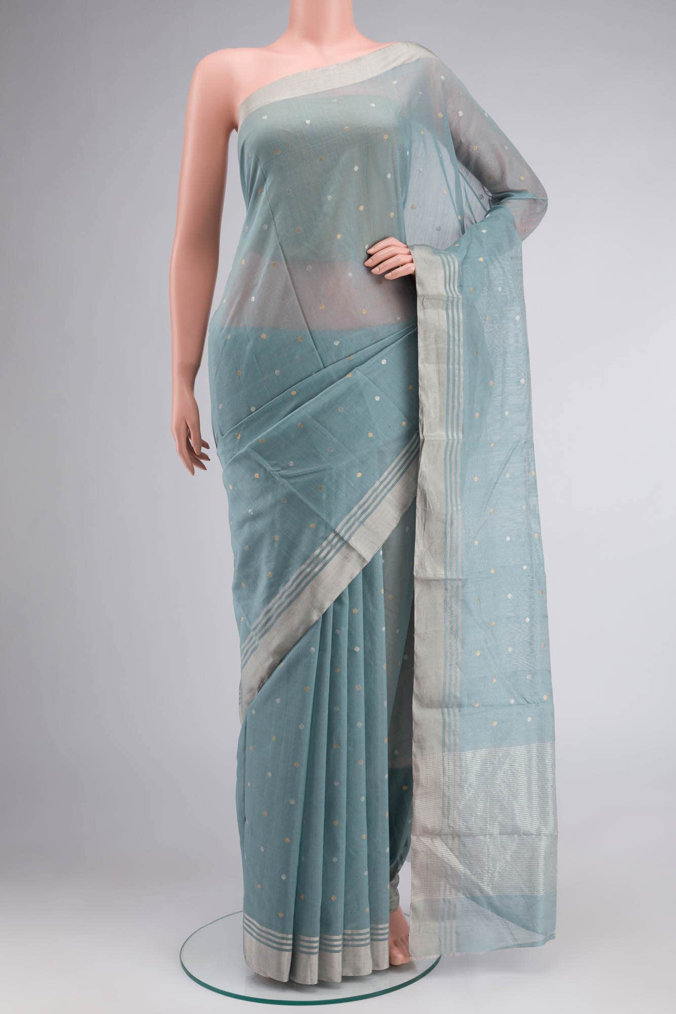 Blue Grey Chanderi Silk Cotton Saree