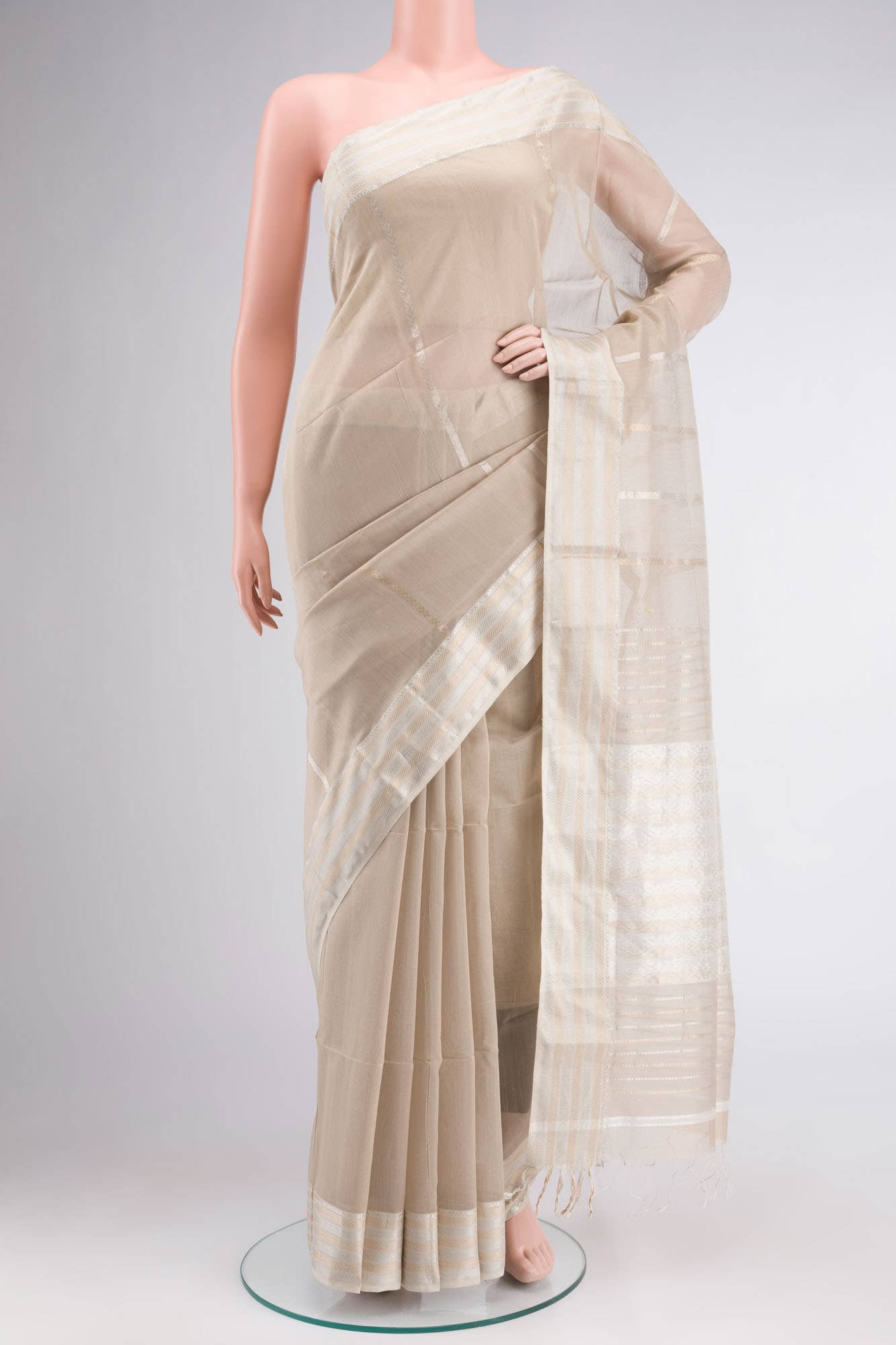 Beige Maheshwari Silk Cotton Saree