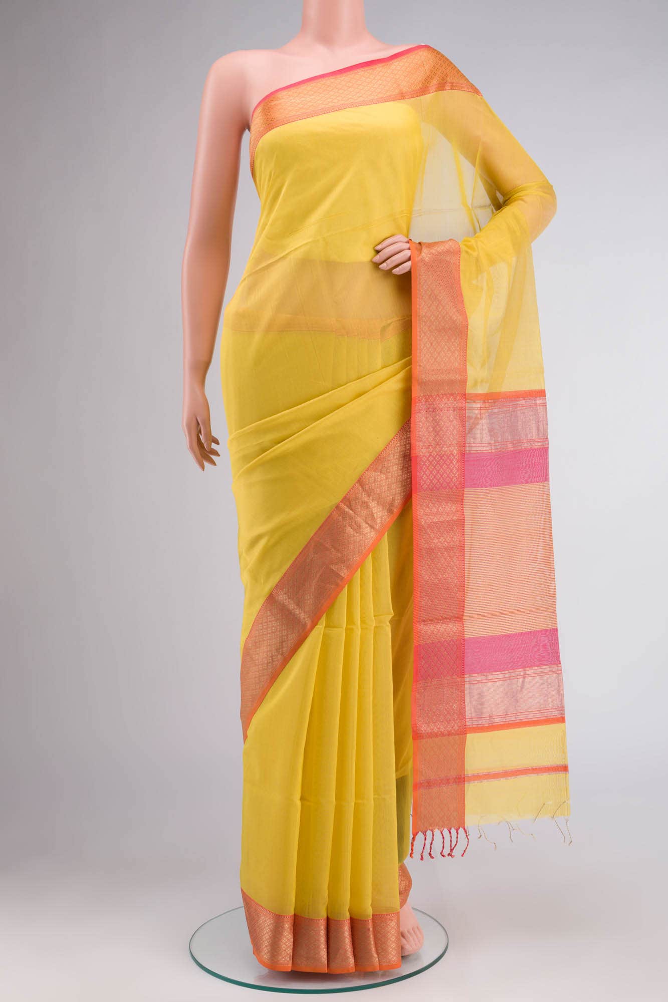 Yellow Maheshwari Silk Cotton Saree
