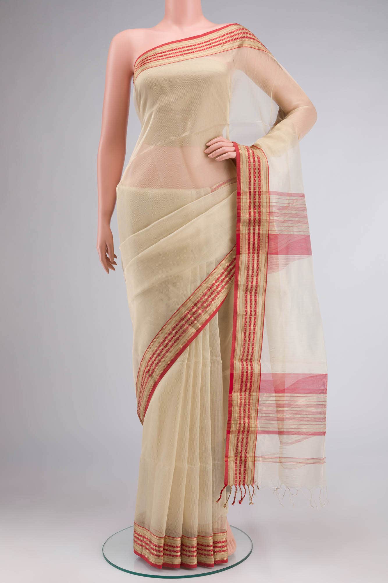 Beige Maheshwari Silk Cotton Saree