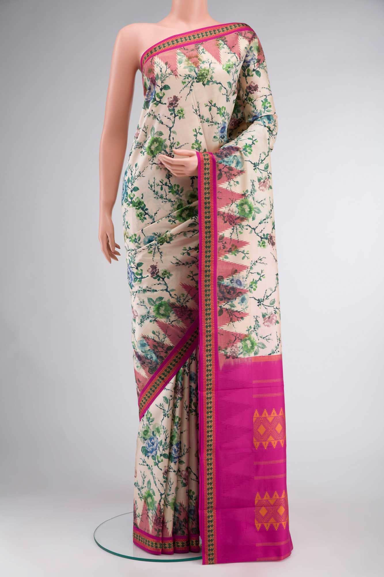 Cream Printed Silk Saree