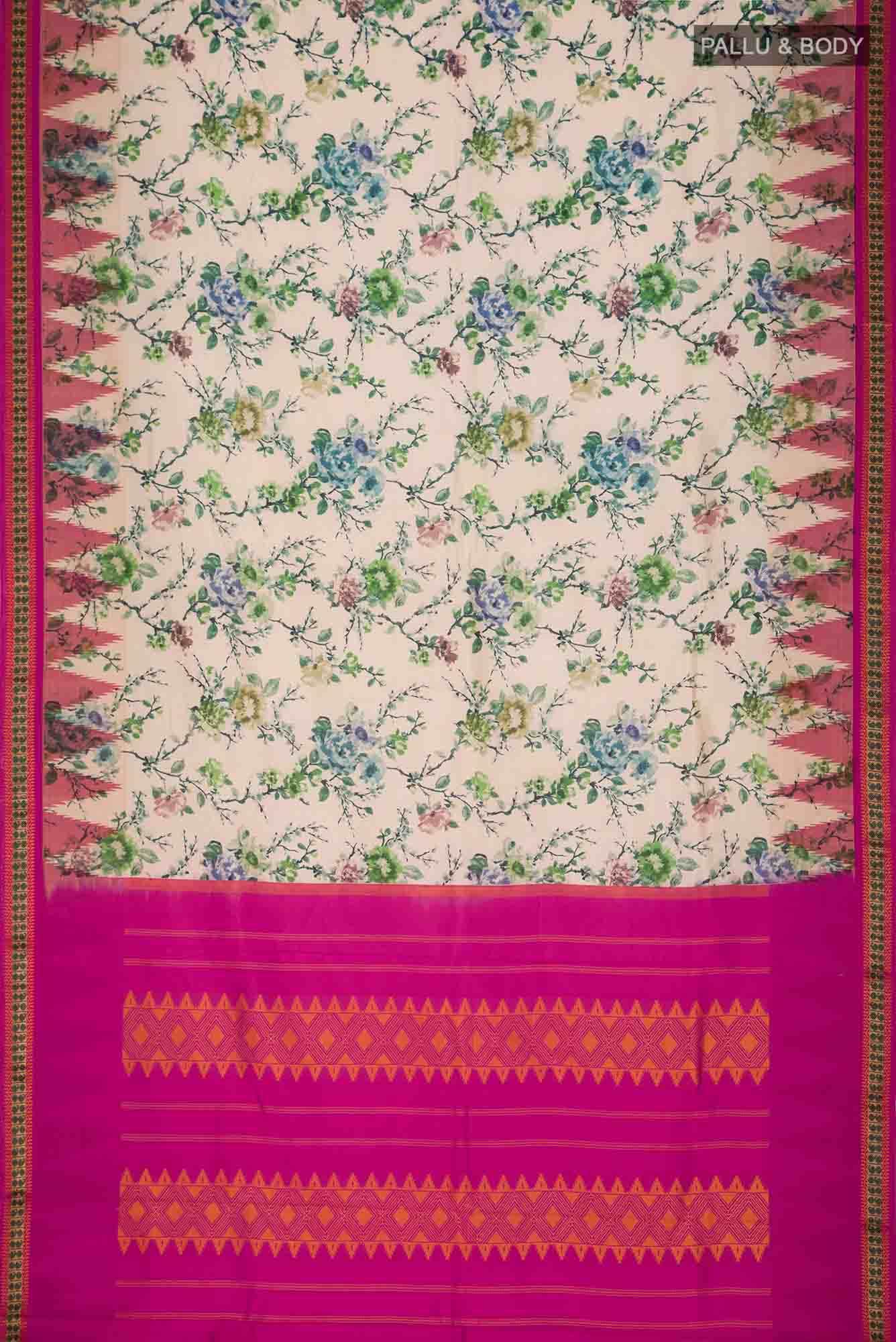Cream Printed Silk Saree