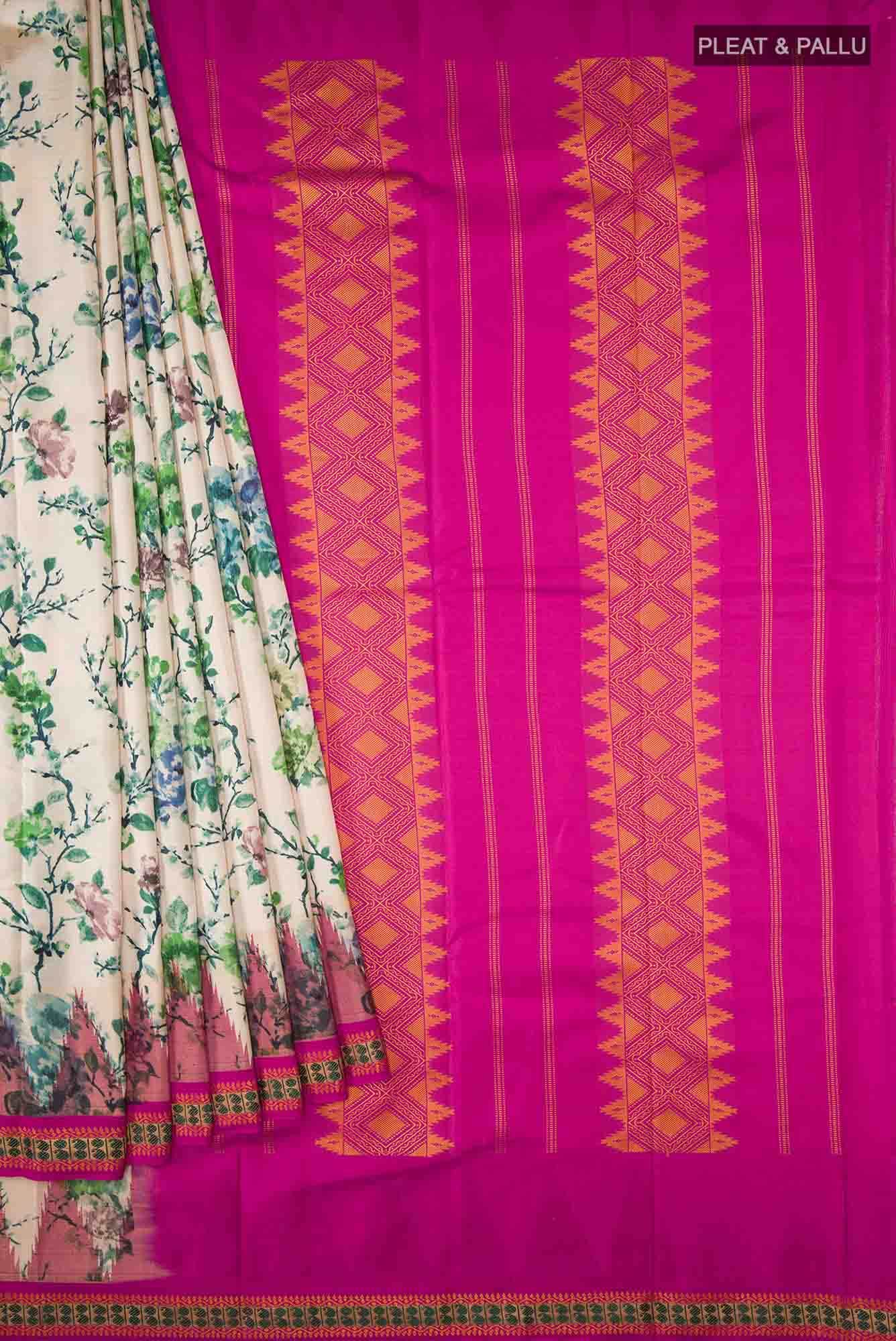 Cream Printed Silk Saree