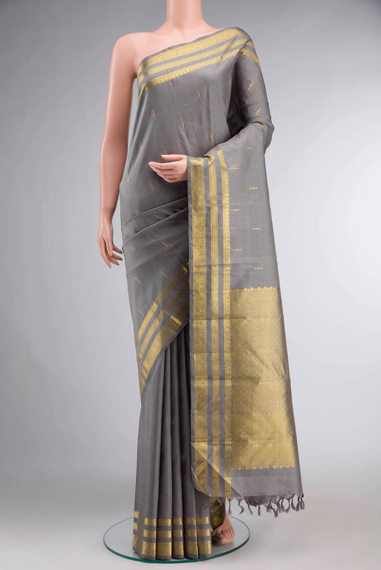 Pure Silk Pure Zari Grey Kanchipuram Saree