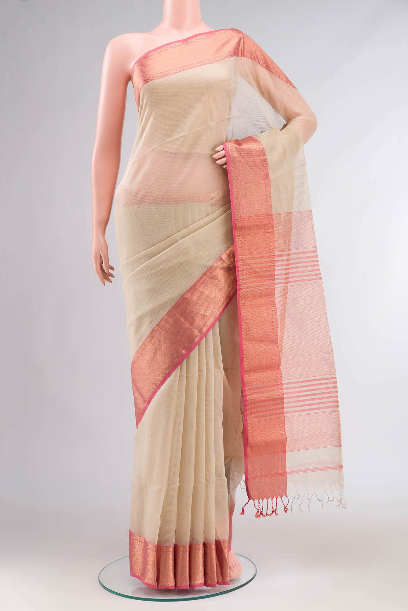 Beige Maheshwari Silk Cotton Saree