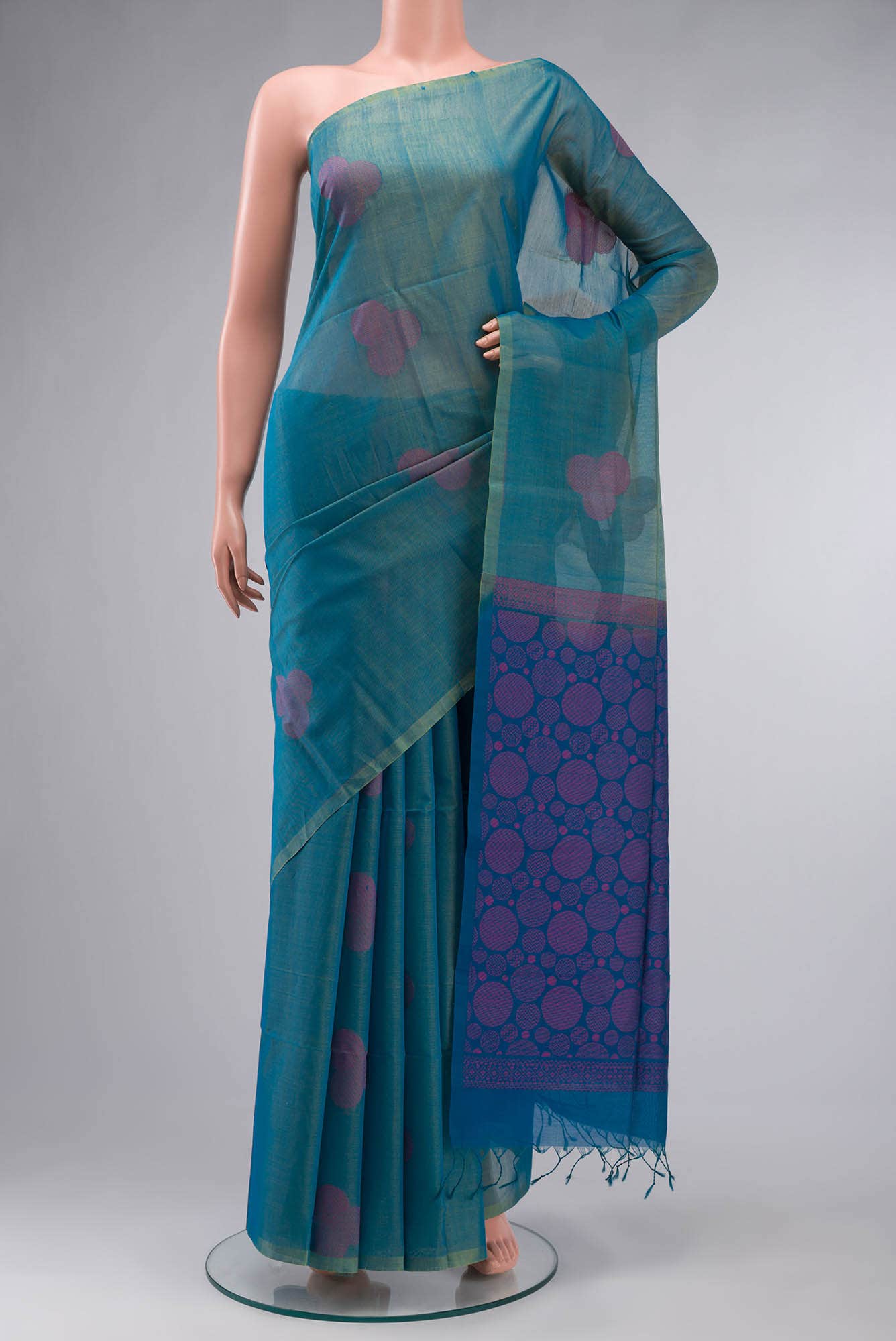 Blue with Yellow Dual Tone Silk Cotton Saree