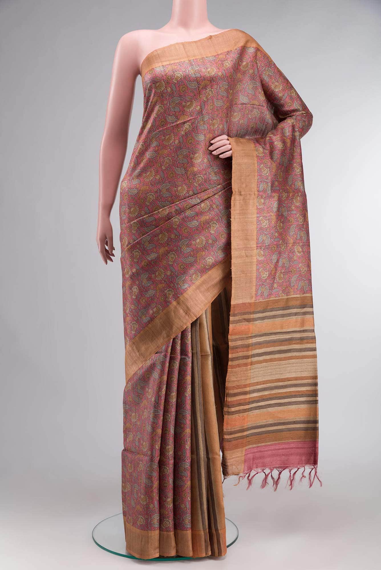 Coral Bhagalpuri Tussar Silk Saree