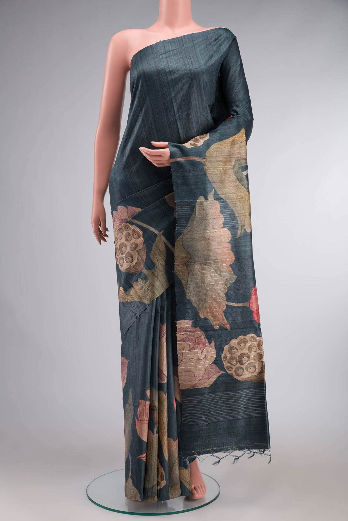 Blue Grey Bhagalpuri Tussar Silk Saree