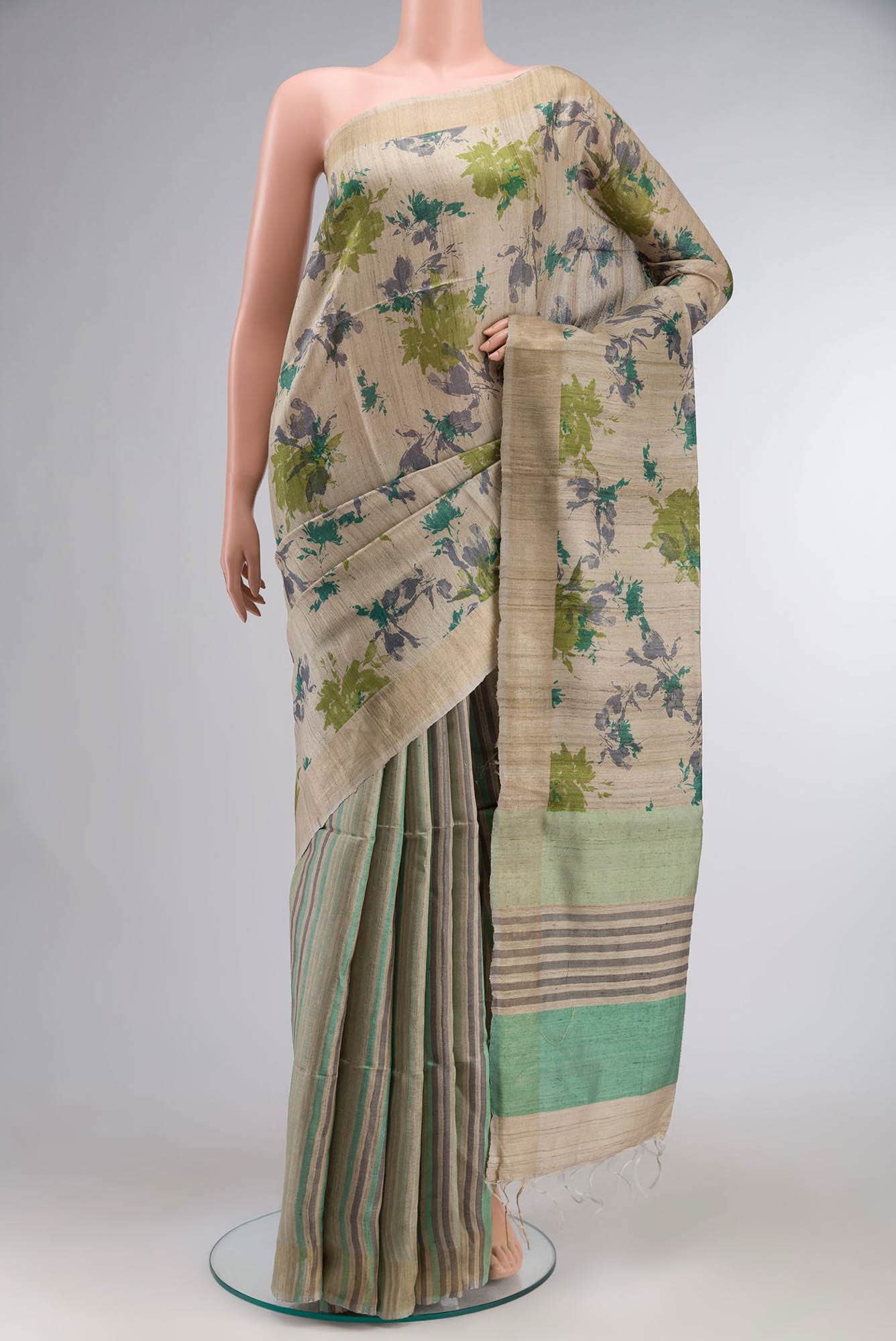 Beige Tussar Silk Saree