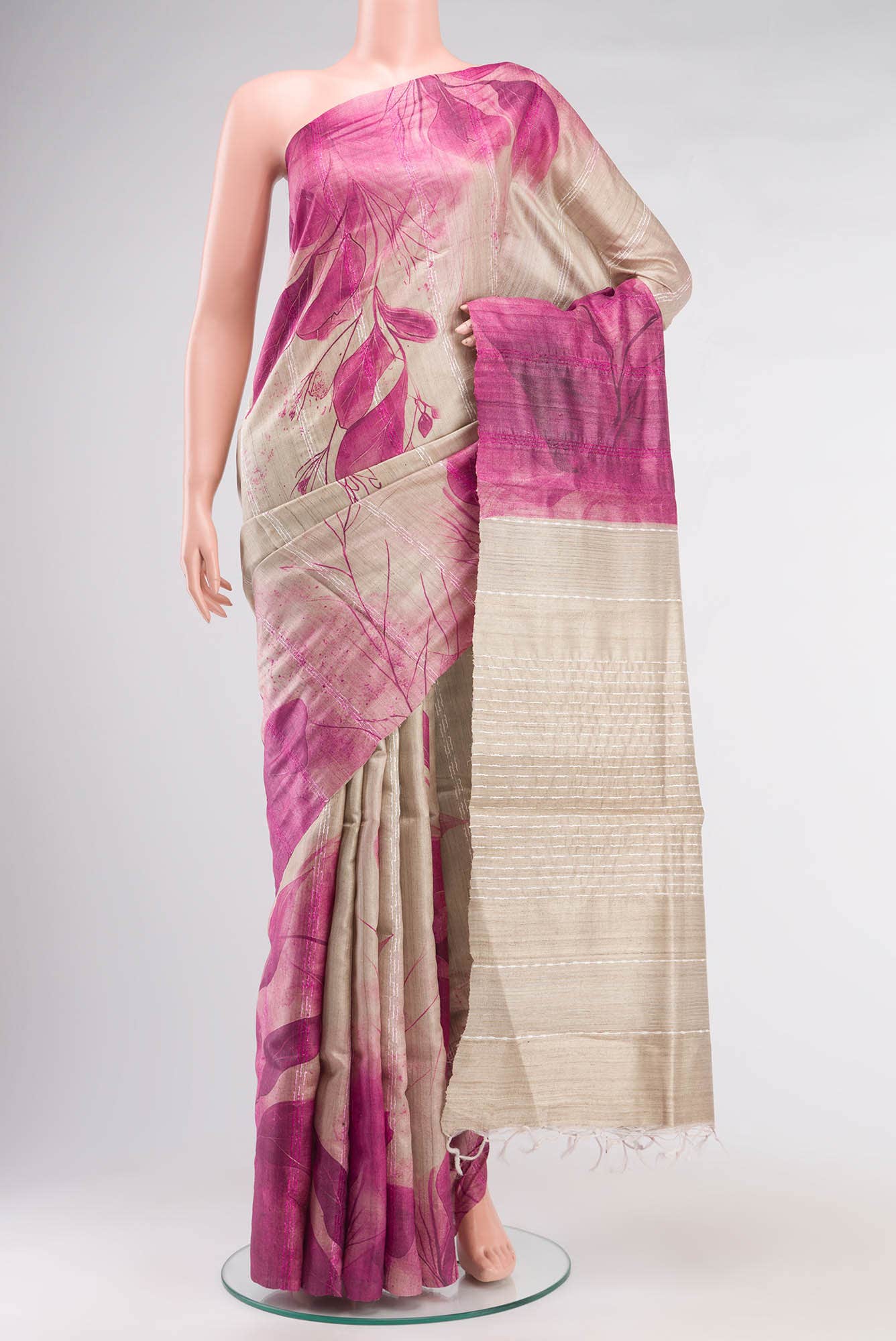 Beige Tussar Silk Saree
