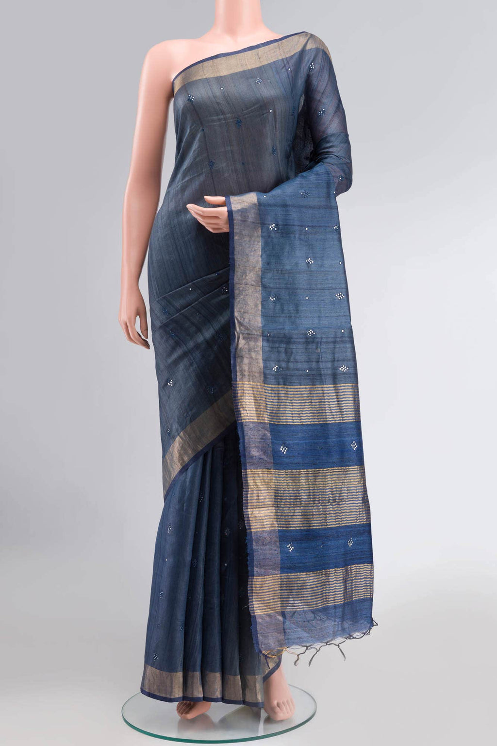 Blue Grey Bhagalpuri Tussar Silk Saree