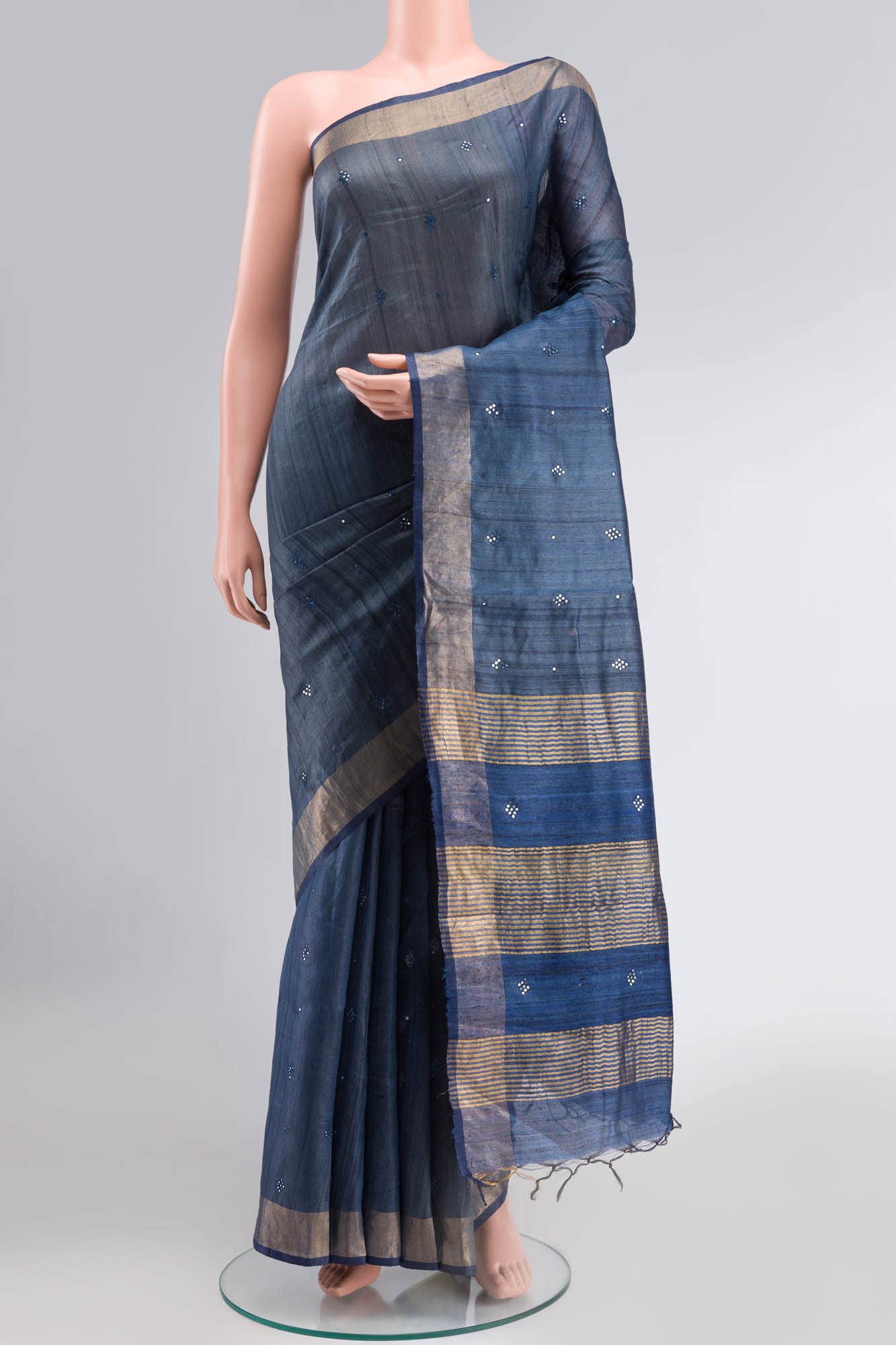 Blue Grey Bhagalpuri Tussar Silk Saree