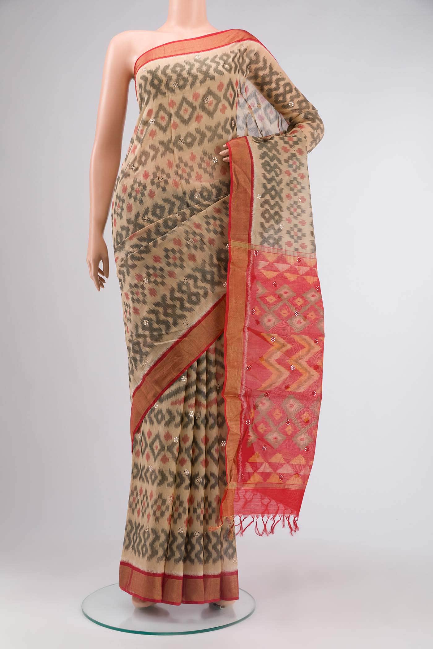 Beige Silk Cotton Saree