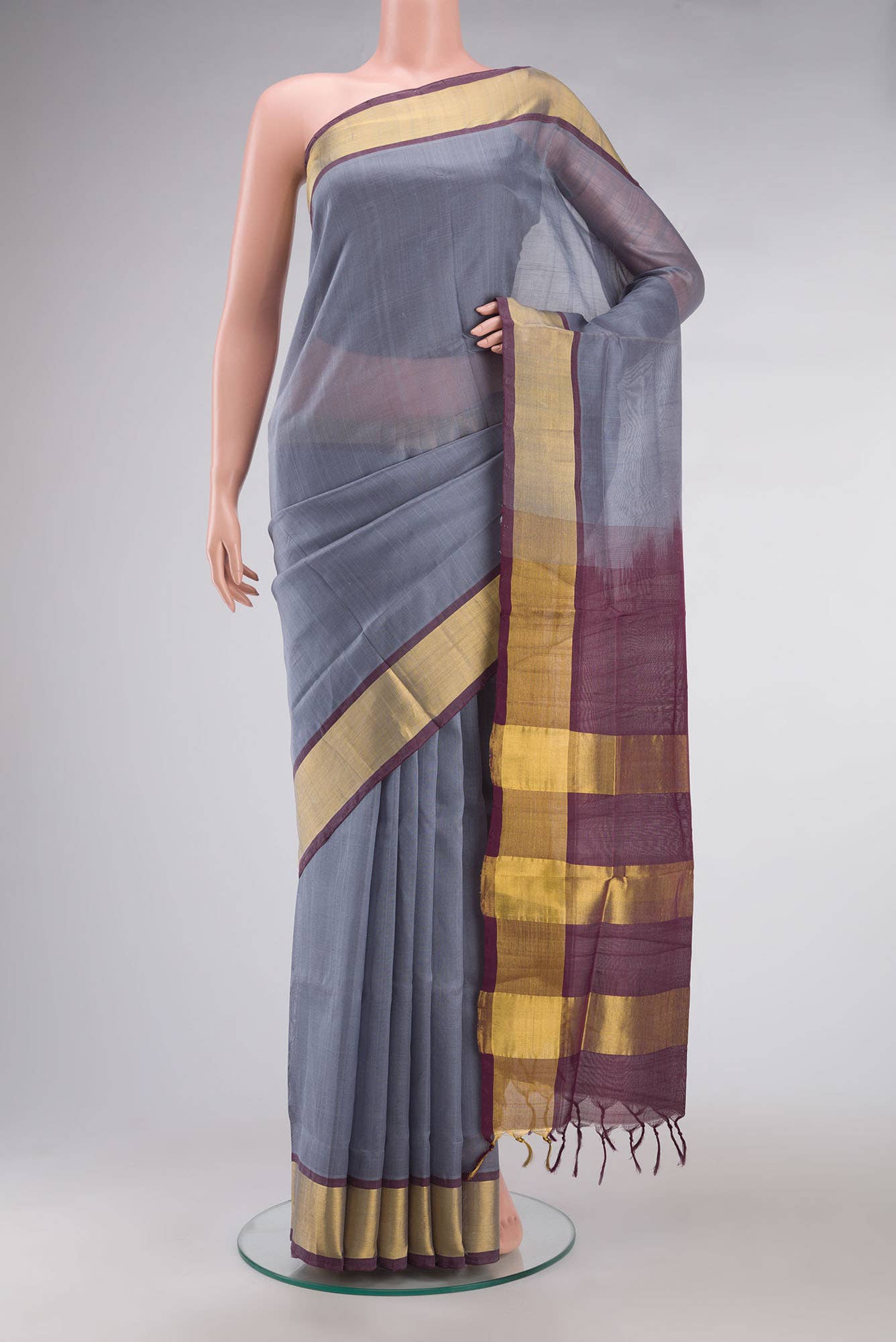 Blue Grey Silk Cotton Saree