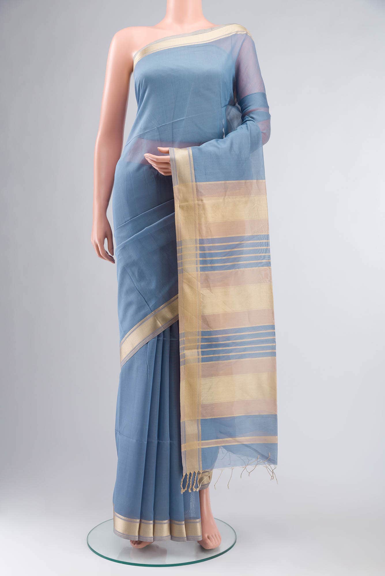 Blue Grey Maheshwari Silk Cotton Saree