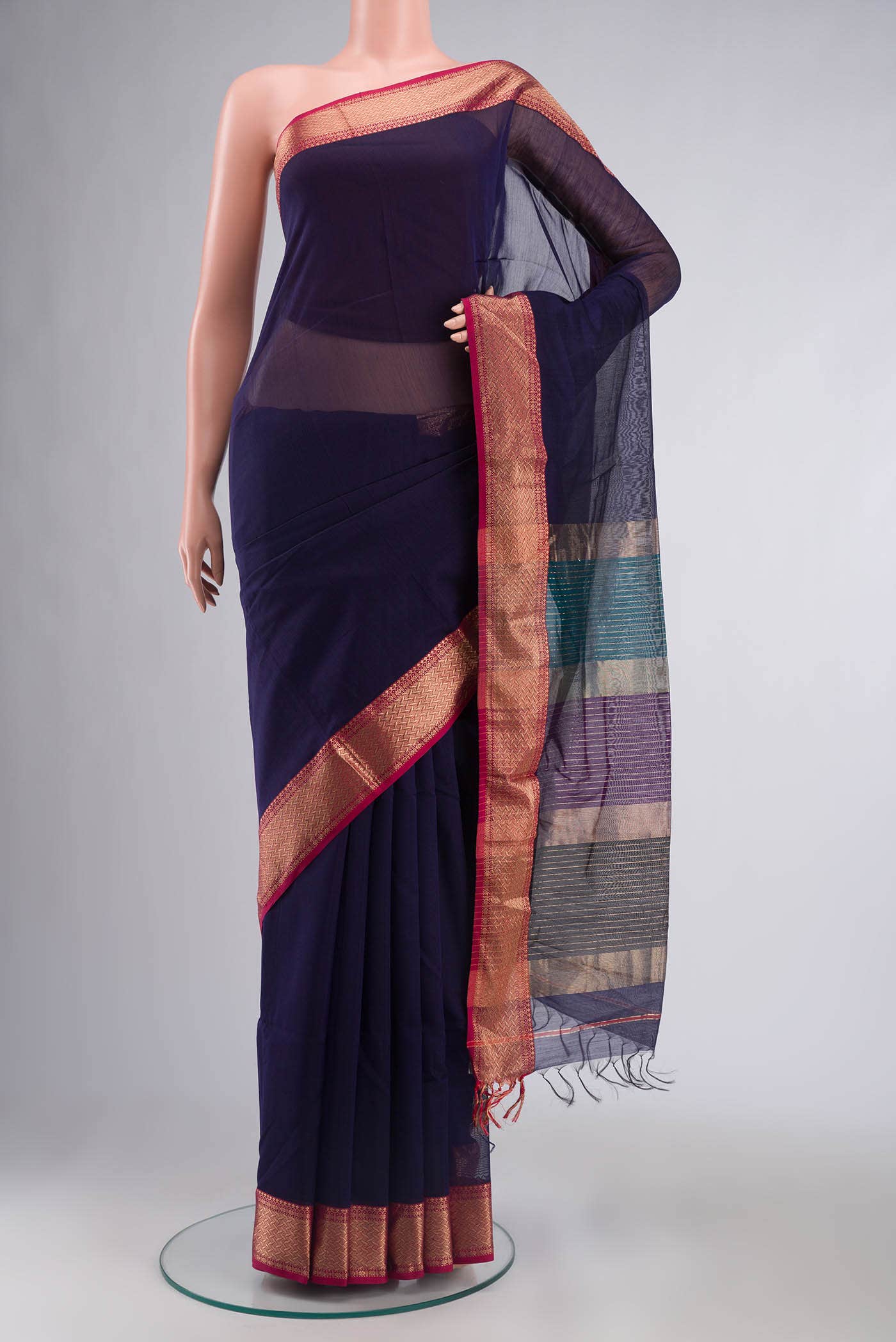 Navy Blue Maheshwari Silk Cotton Saree