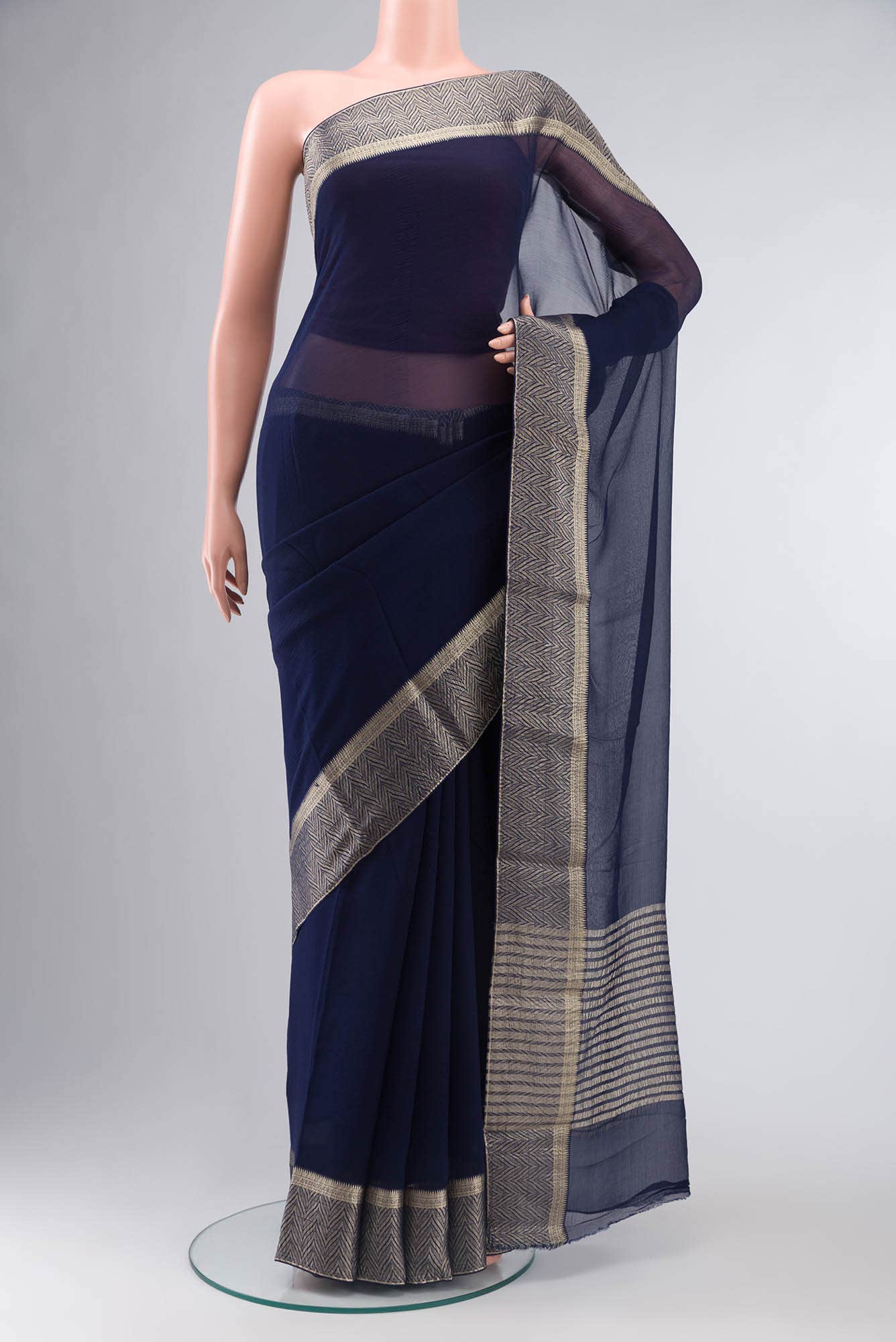 Navy Blue Mysore Chiffon Saree