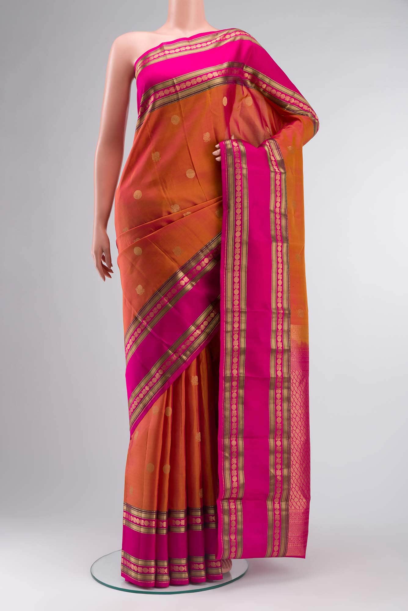 Pink with Mustard Dual Tone Kanchipuram Silk Saree