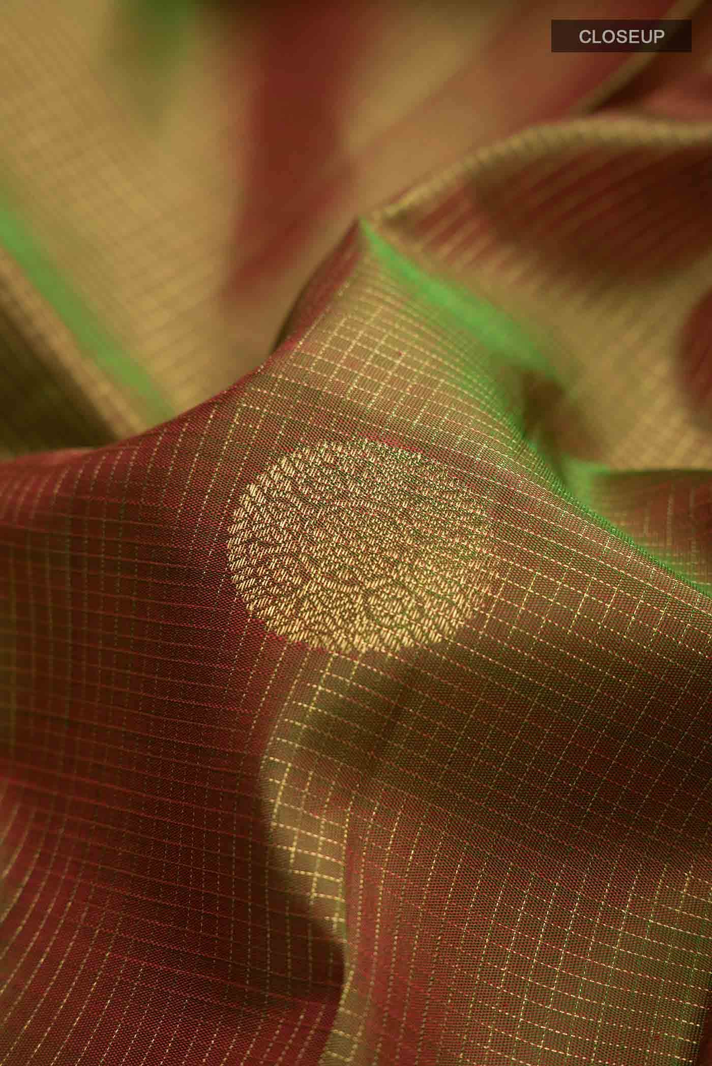 Pure Silk Pure Zari Green with Orange Dual Tone Kanchipuram Saree