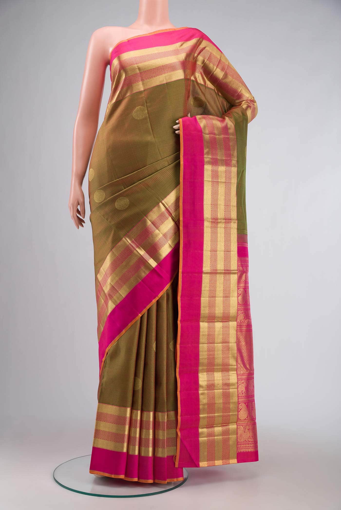 Pure Silk Pure Zari Green with Orange Dual Tone Kanchipuram Saree