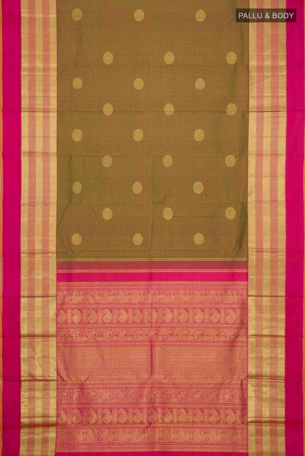 Pure Silk Pure Zari Green with Orange Dual Tone Kanchipuram Saree