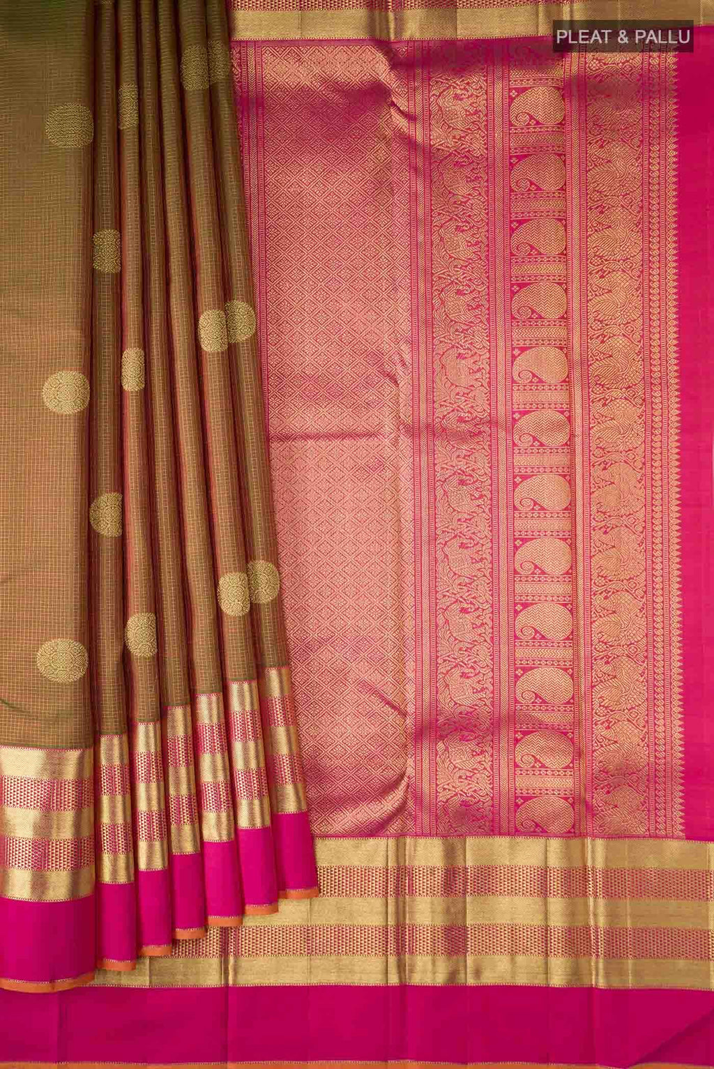 Pure Silk Pure Zari Green with Orange Dual Tone Kanchipuram Saree