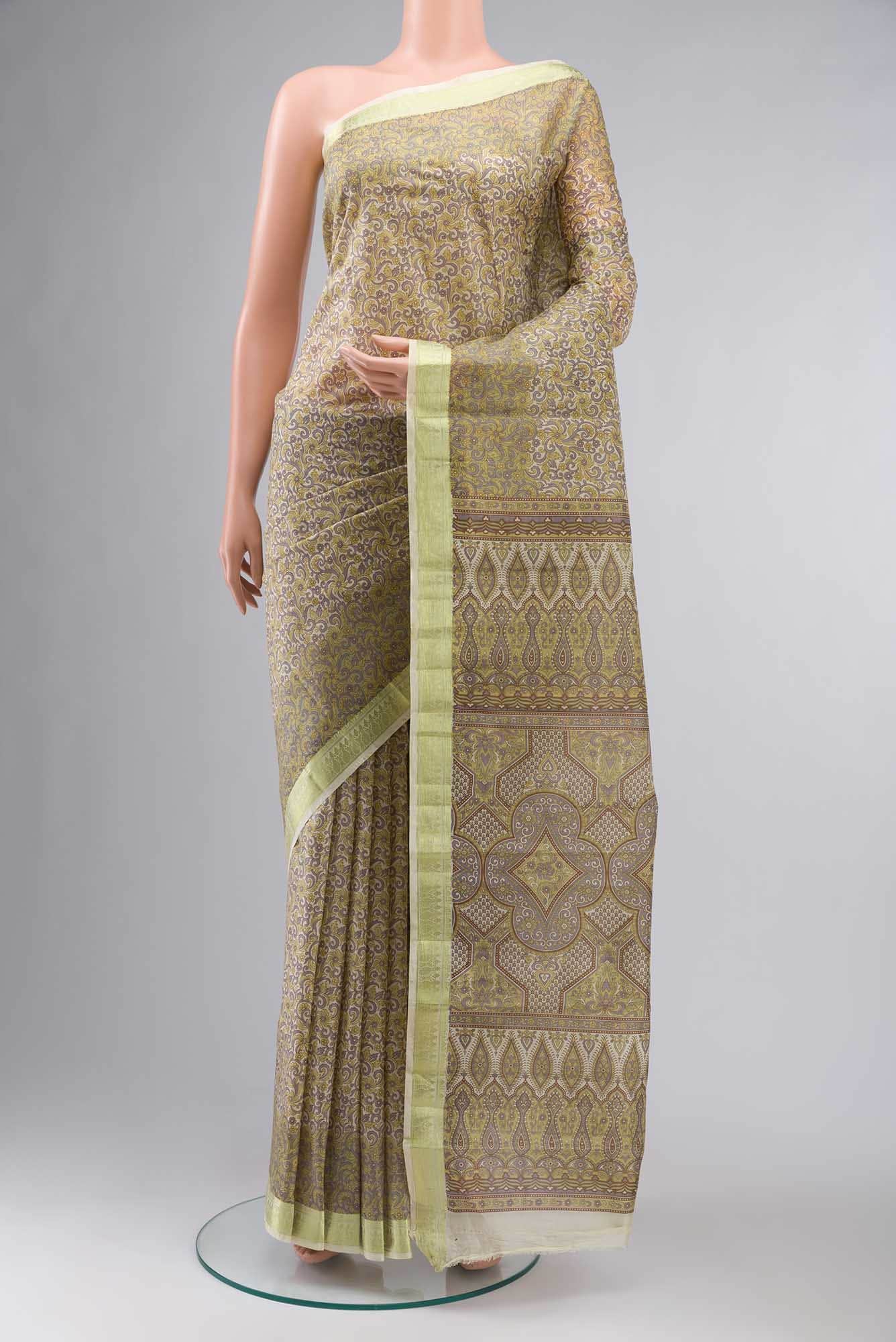 Beige Printed Silk Saree