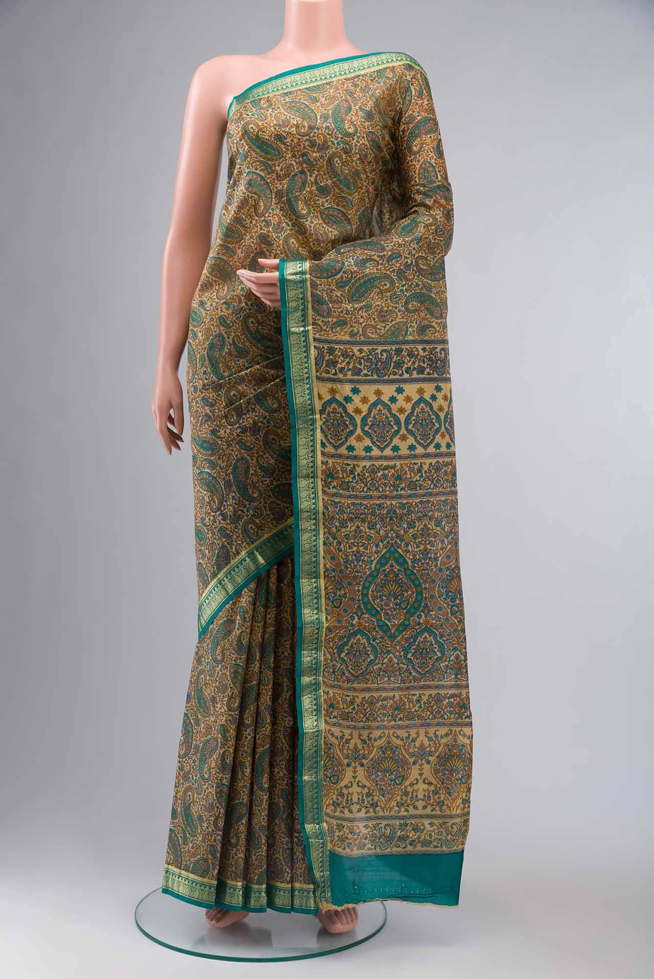 Beige Printed Silk Saree