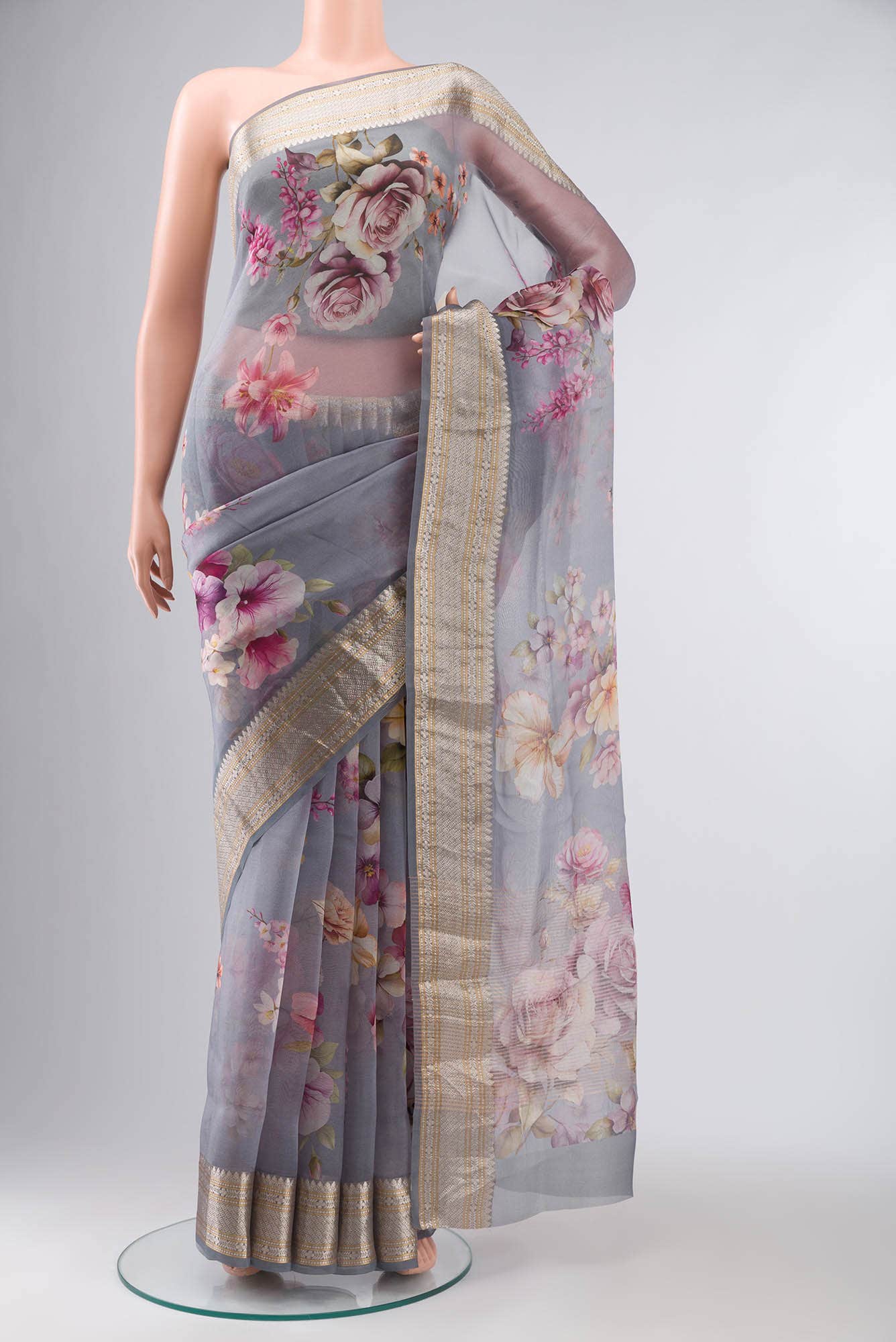 Grey Organza Silk Saree