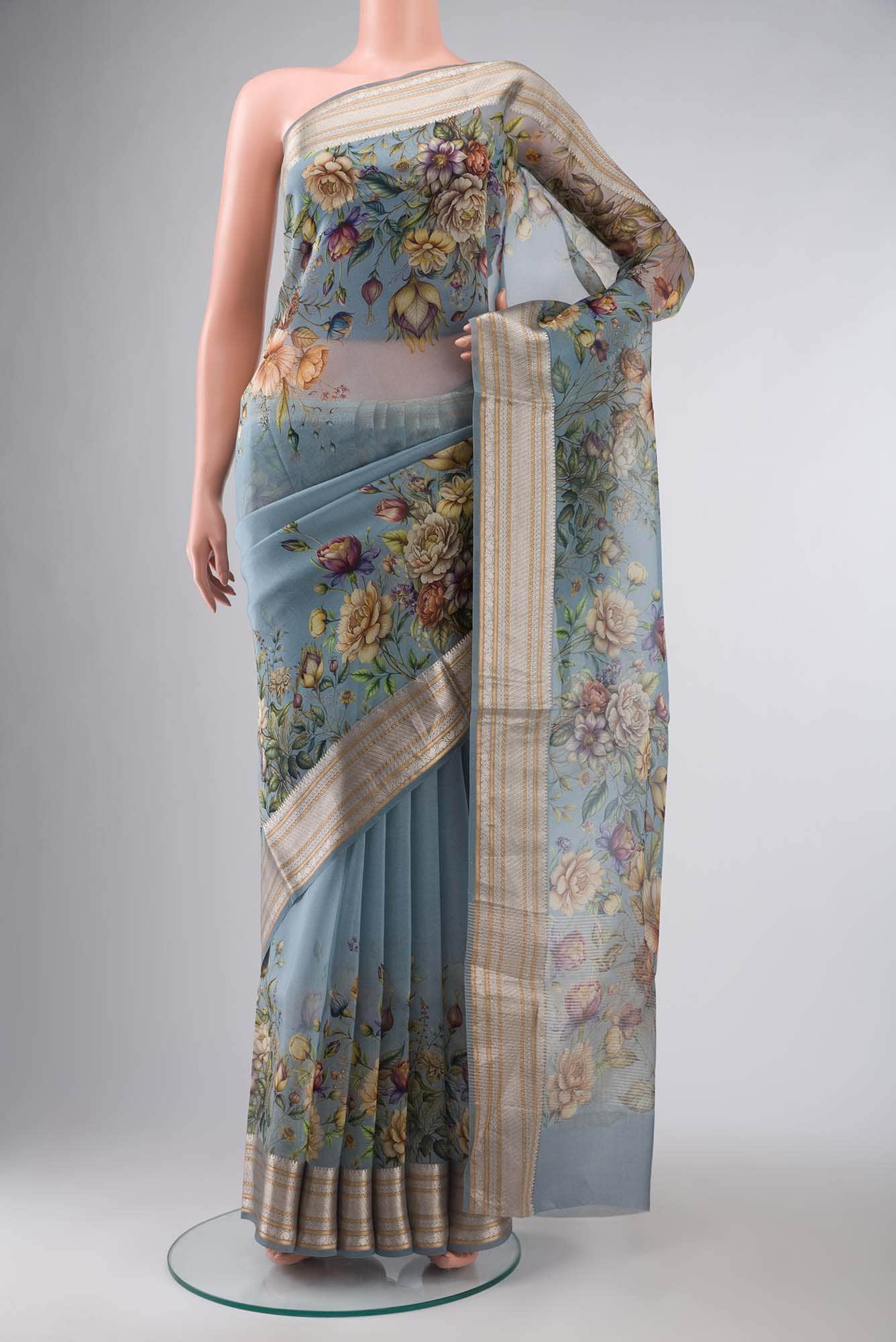 Blue Grey Organza Silk Saree