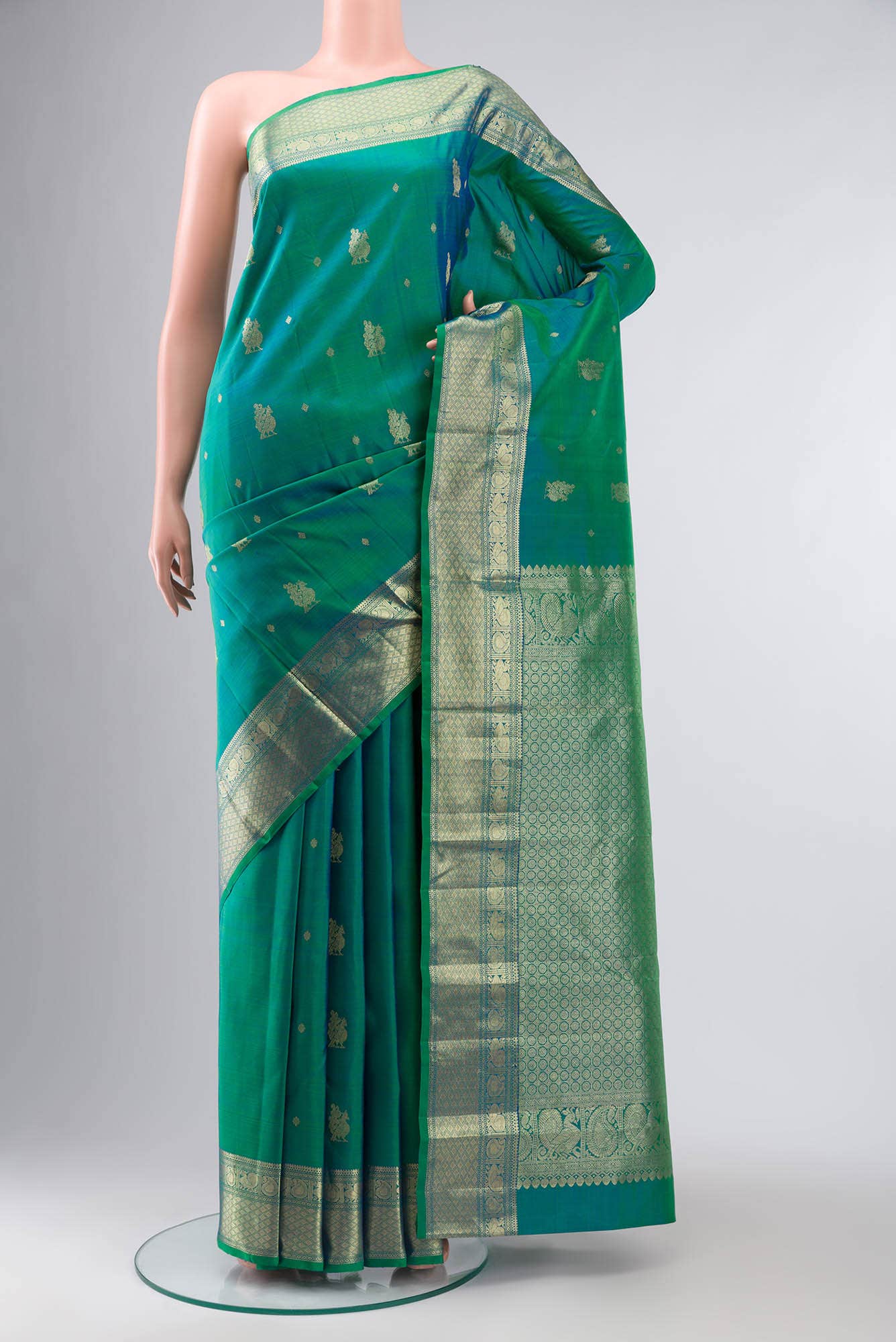Green with Blue Dual Tone Kanchipuram Silk Saree