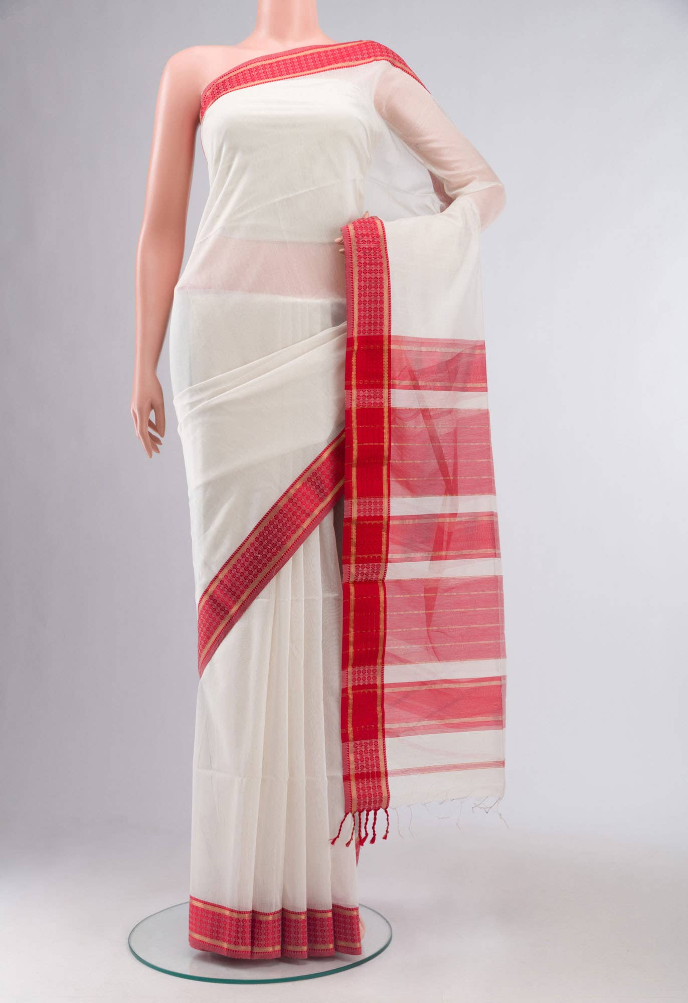 White Maheshwari Silk Cotton Saree
