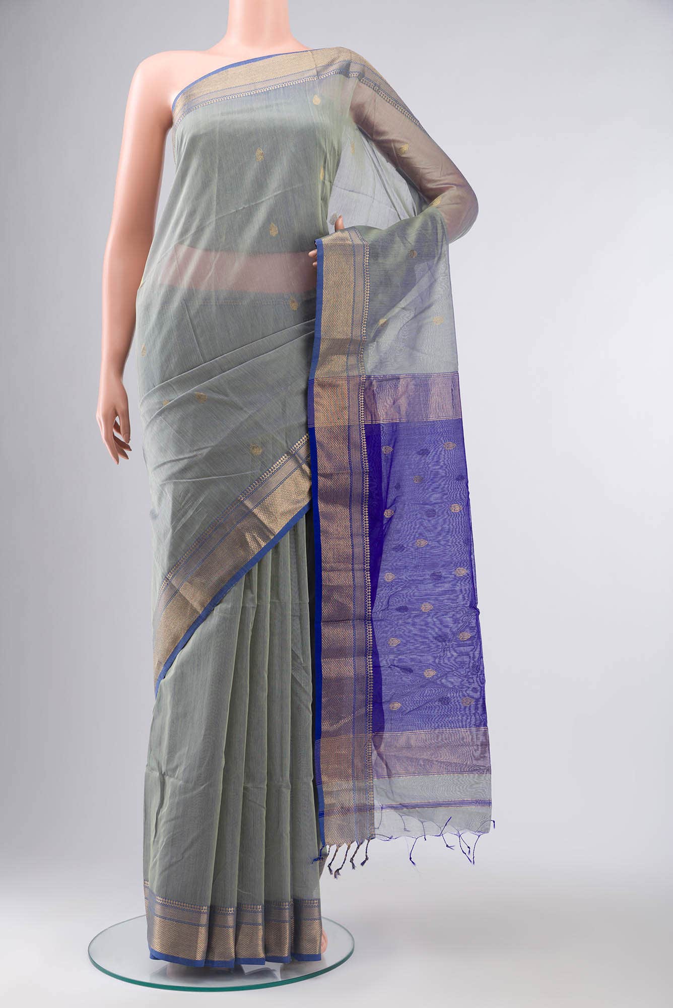 Green with Blue Dual Tone Maheshwari Silk Cotton Saree