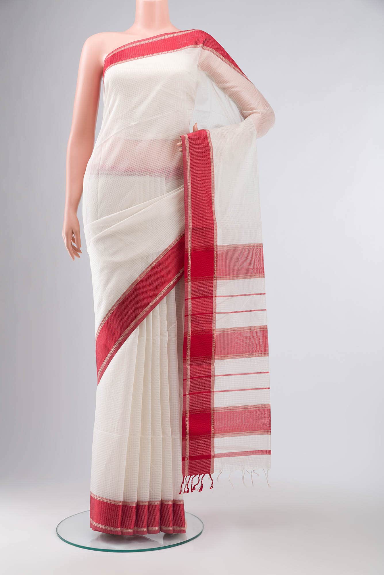 White Maheshwari Silk Cotton Saree
