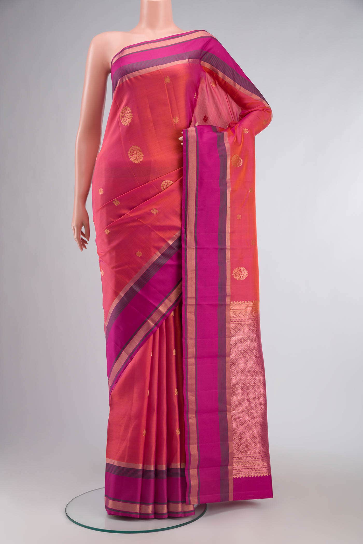 Pink with Orange Dual Tone Soft Silk Saree
