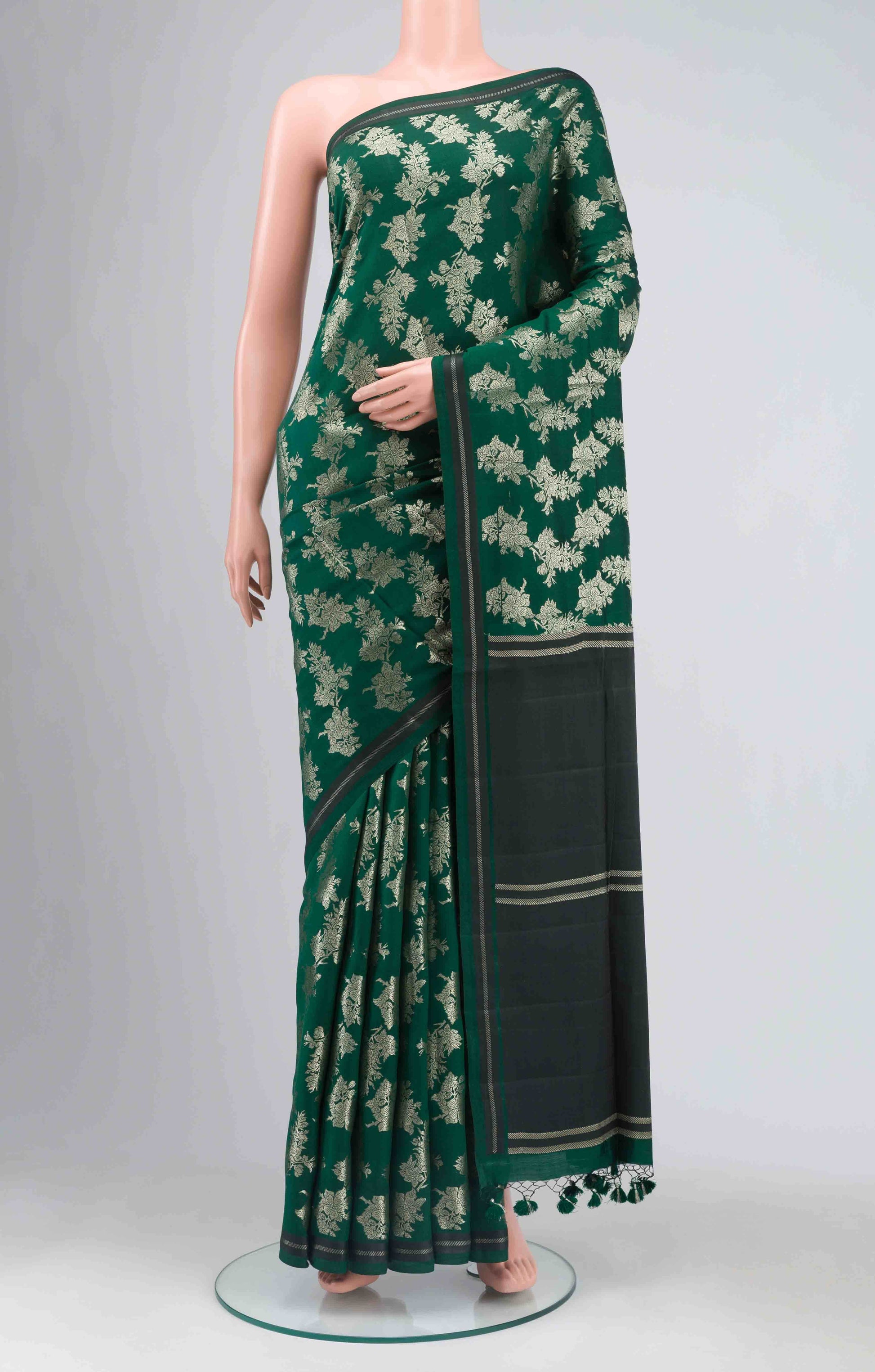 Bottle Green Banarasi Raw Silk Saree