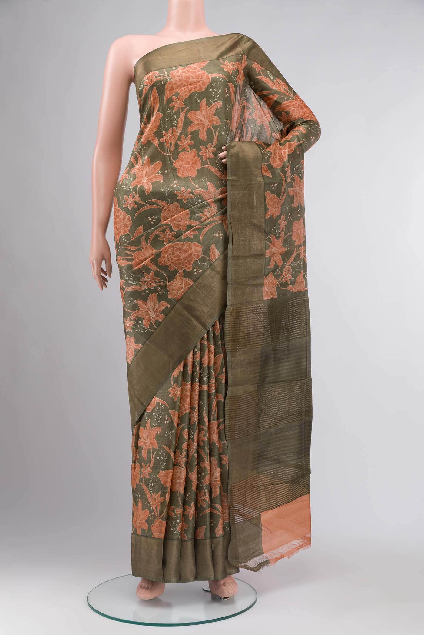 Olive Green Bhagalpuri Tussar Silk Saree