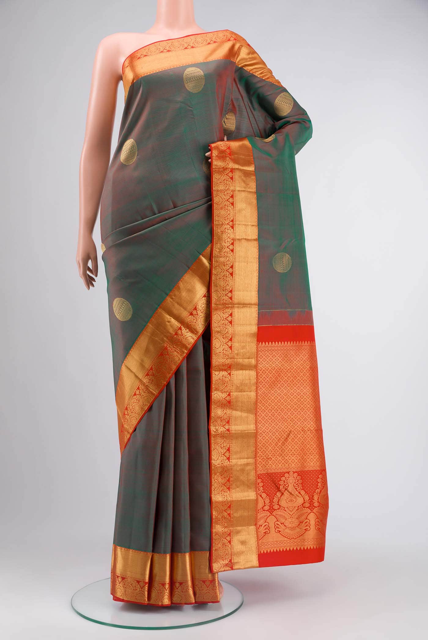Green with Red Dual Tone Kanchipuram Silk Saree