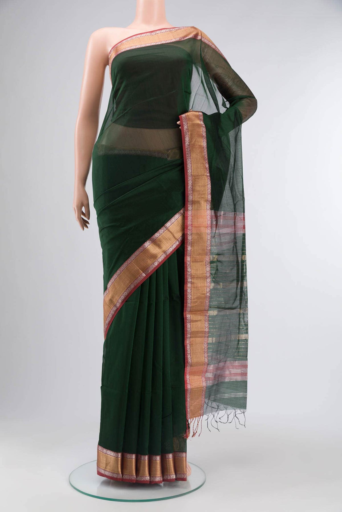 Bottle Green Maheshwari Silk Saree